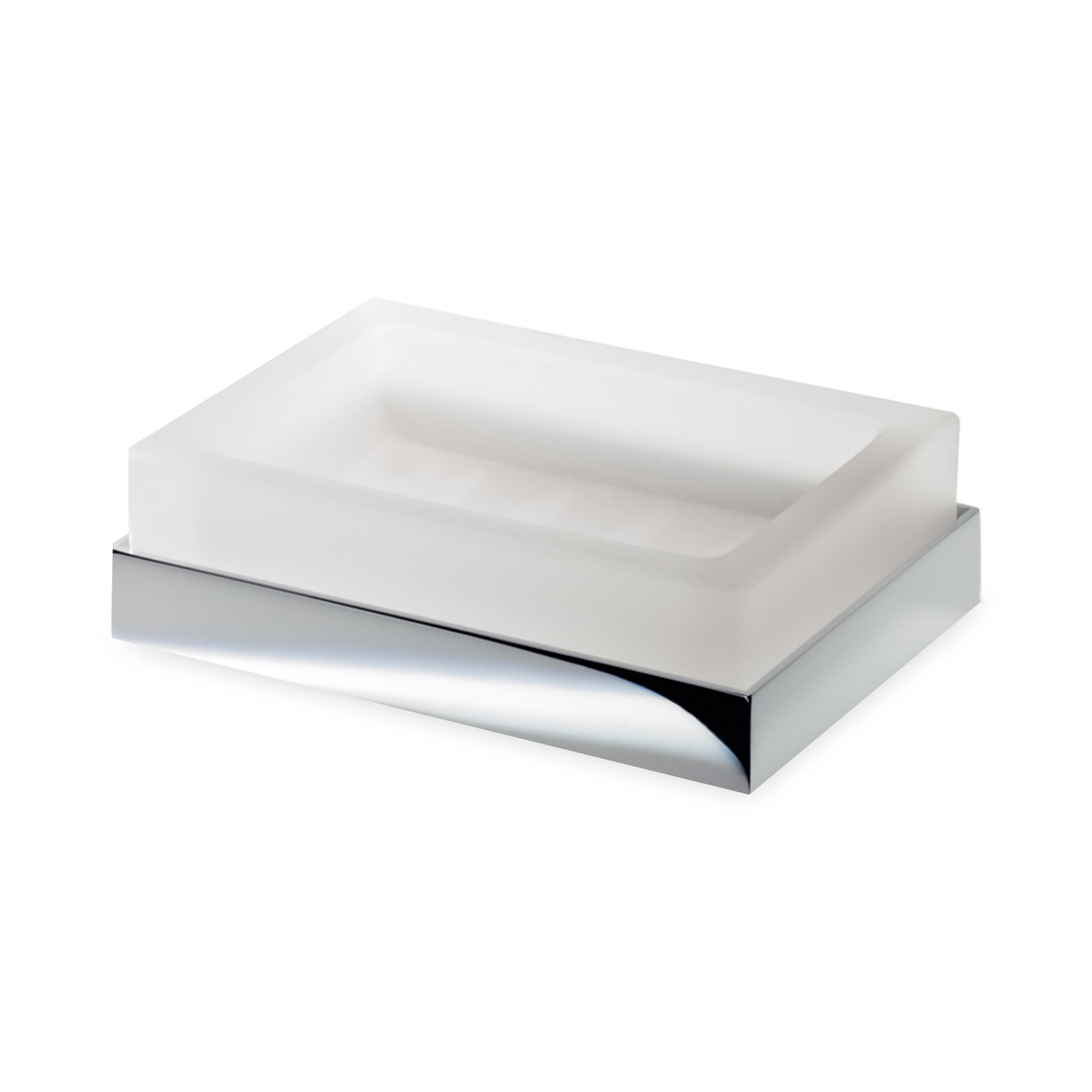 Elegant soap dish with a classic modern styling, crafted in satin glass with a chrome accent.