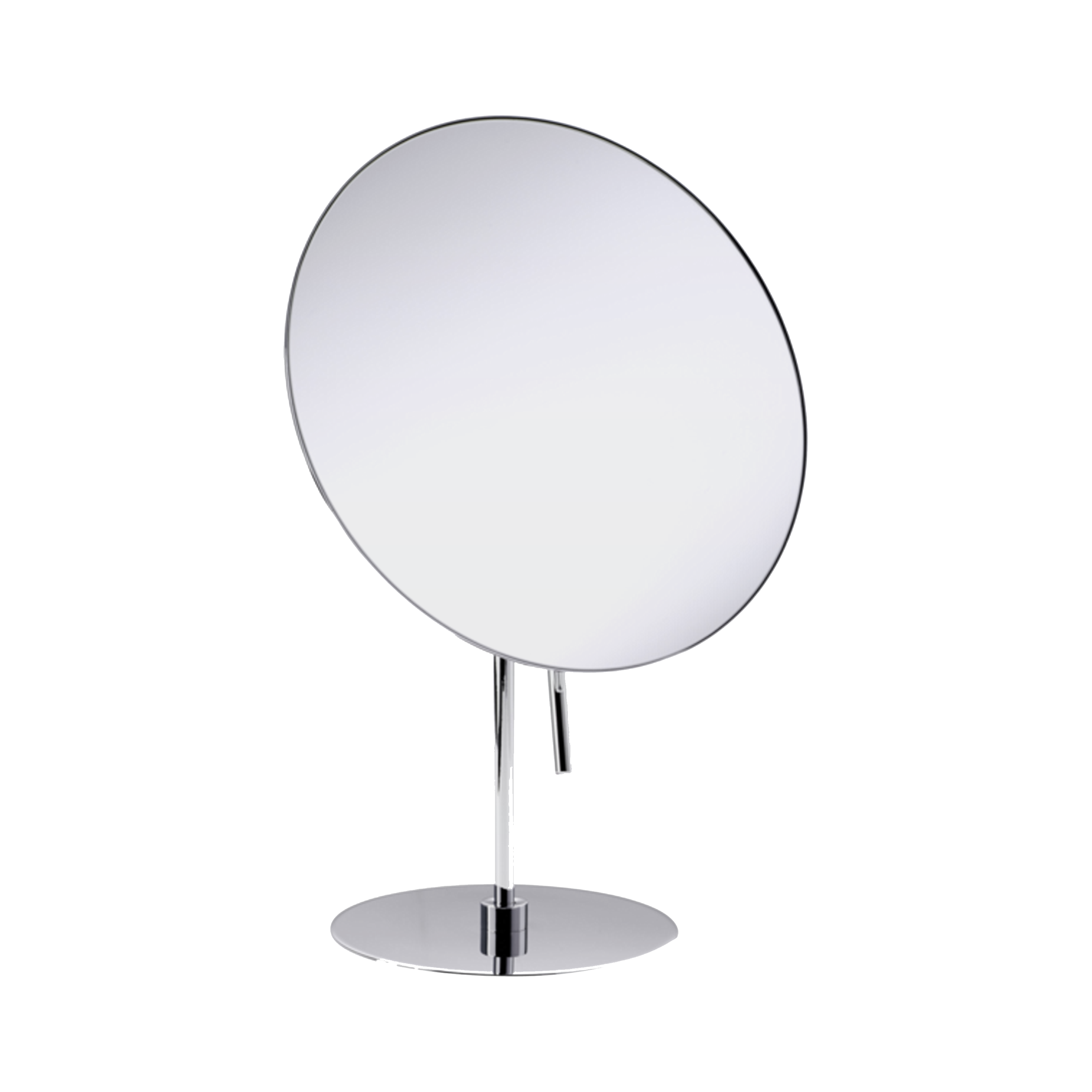 The Pivot Cosmetic Mirror is a pivoting freestanding cosmetic mirror in chrome with 3x magnification.