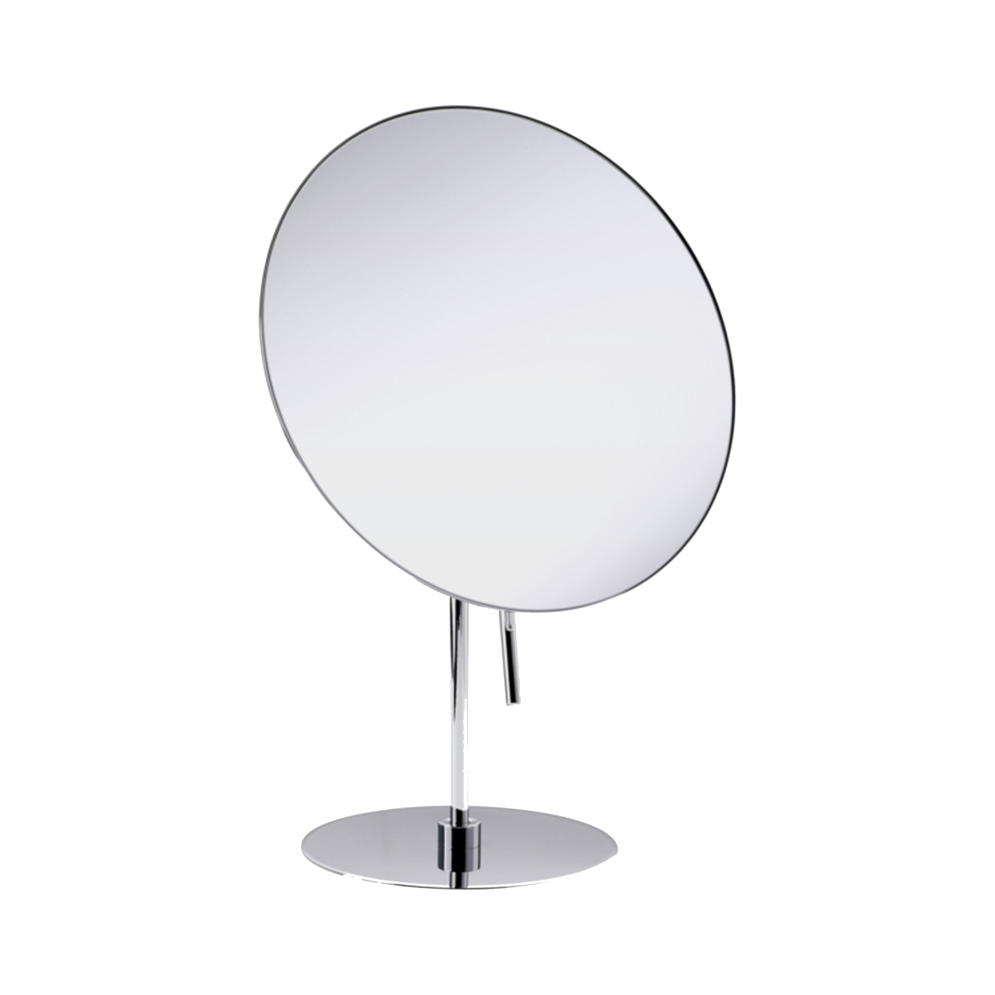 The Pivot Cosmetic Mirror is a pivoting freestanding cosmetic mirror in chrome with 3x magnification.