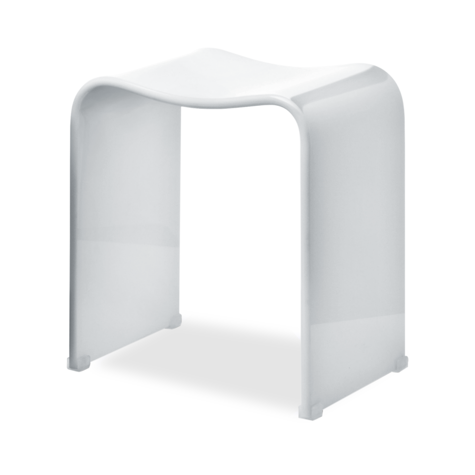 The Acrylic Bath Stool in white features a sleek design with elegant curves.