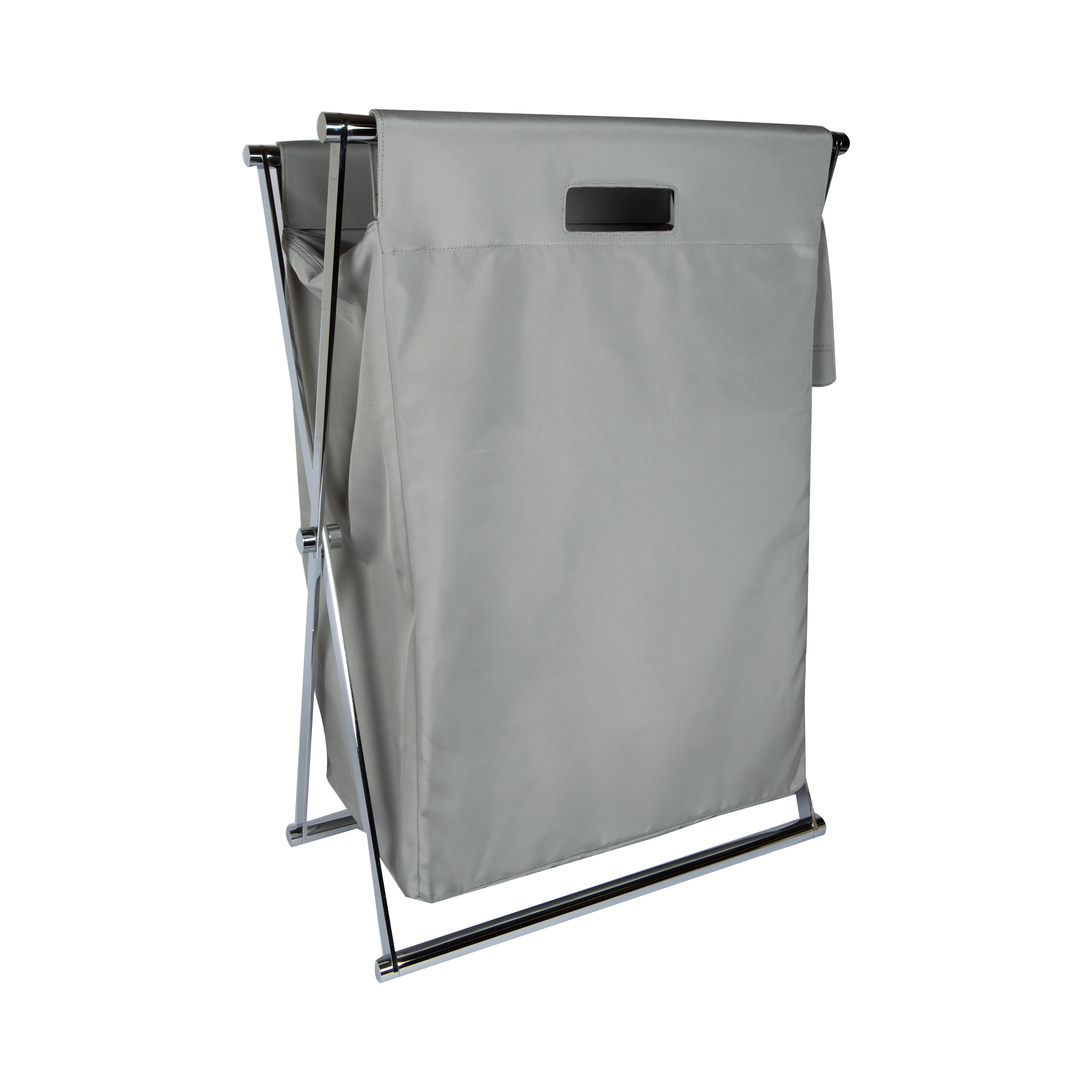 The Cross Laundry Basket features a chrome frame with nylon laundry bag.