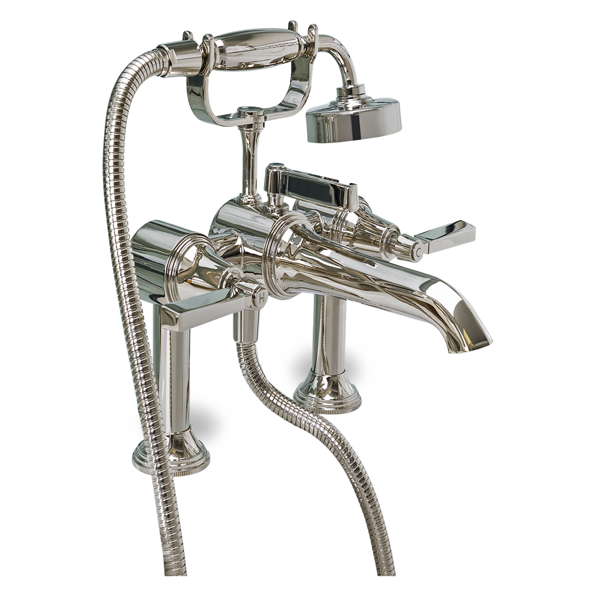 The Moderne wall mount bath shower mixer with Luxe levers.