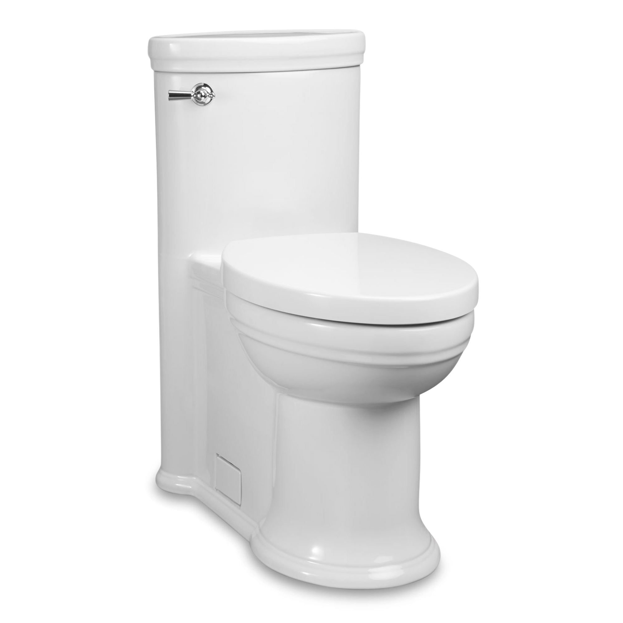 A transitional style one-piece toilet with Slow Close seat.