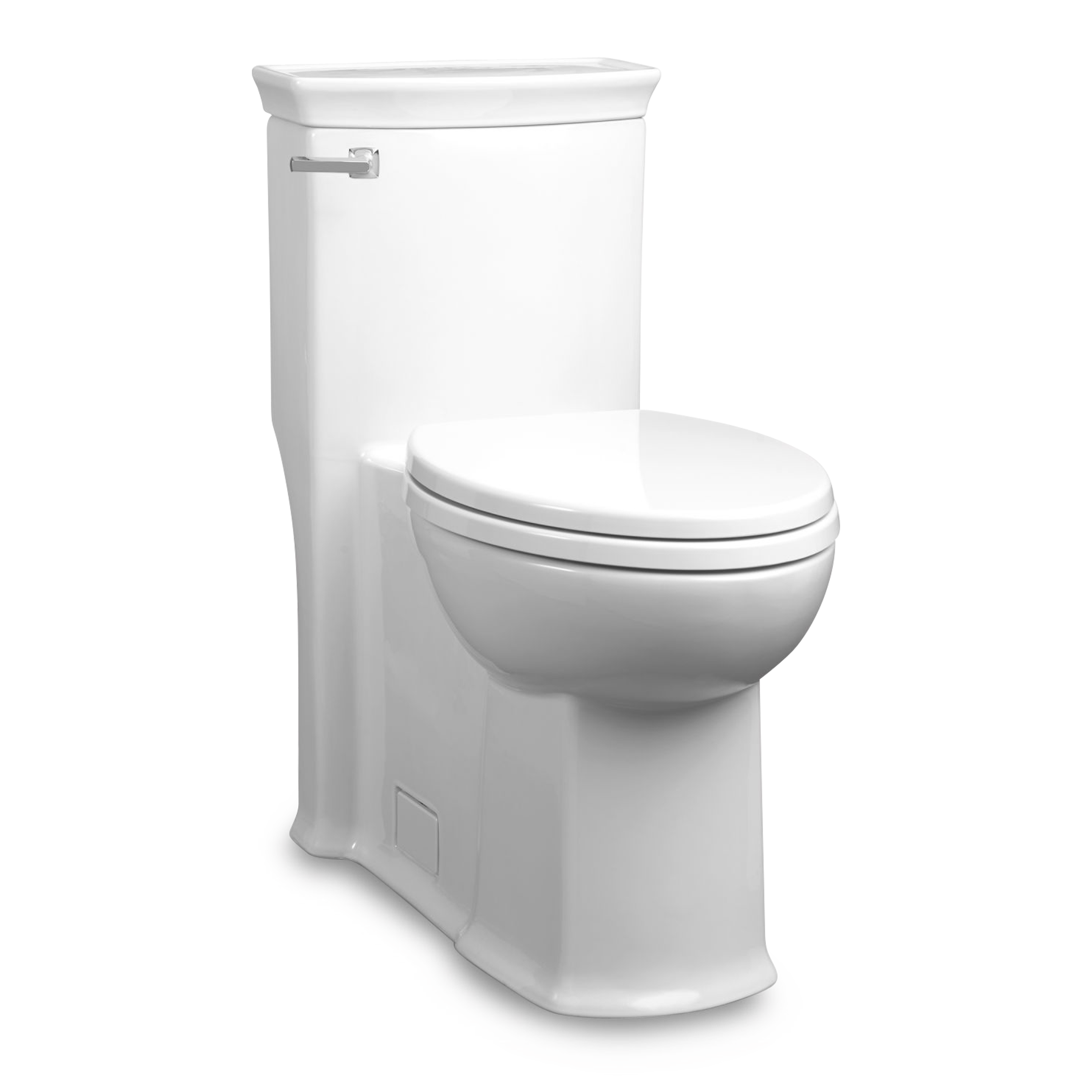 A transitional style one-piece toilet with Slow Close seat.