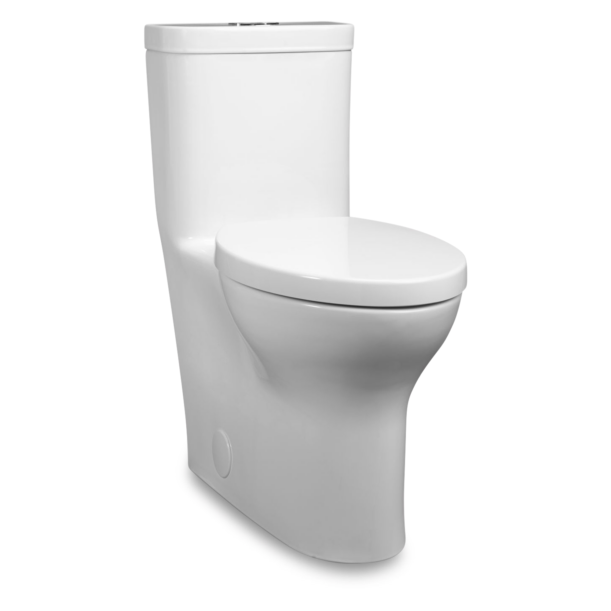 A transitional style one-piece toilet with Slow Close seat.