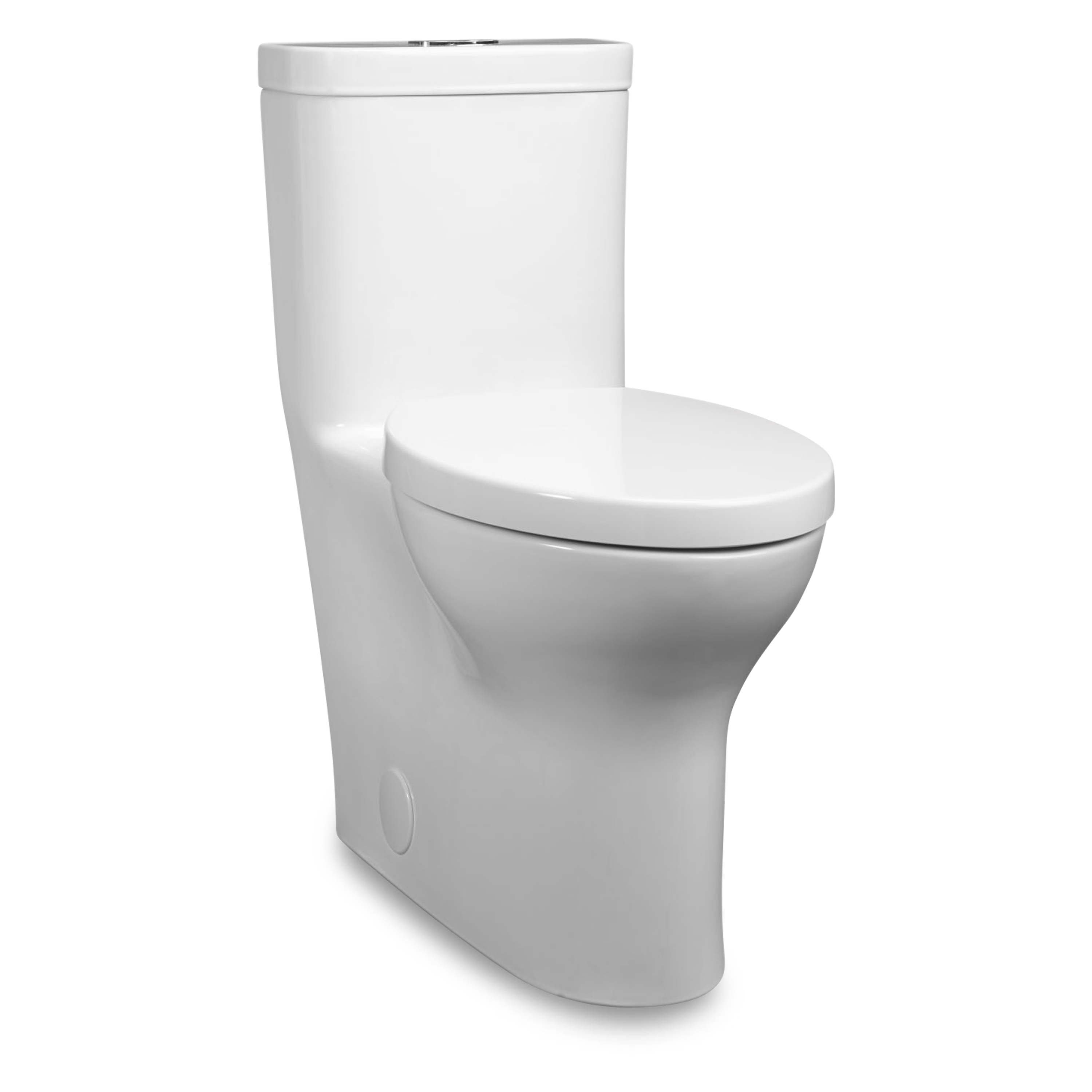 A transitional style one-piece toilet with Slow Close seat.