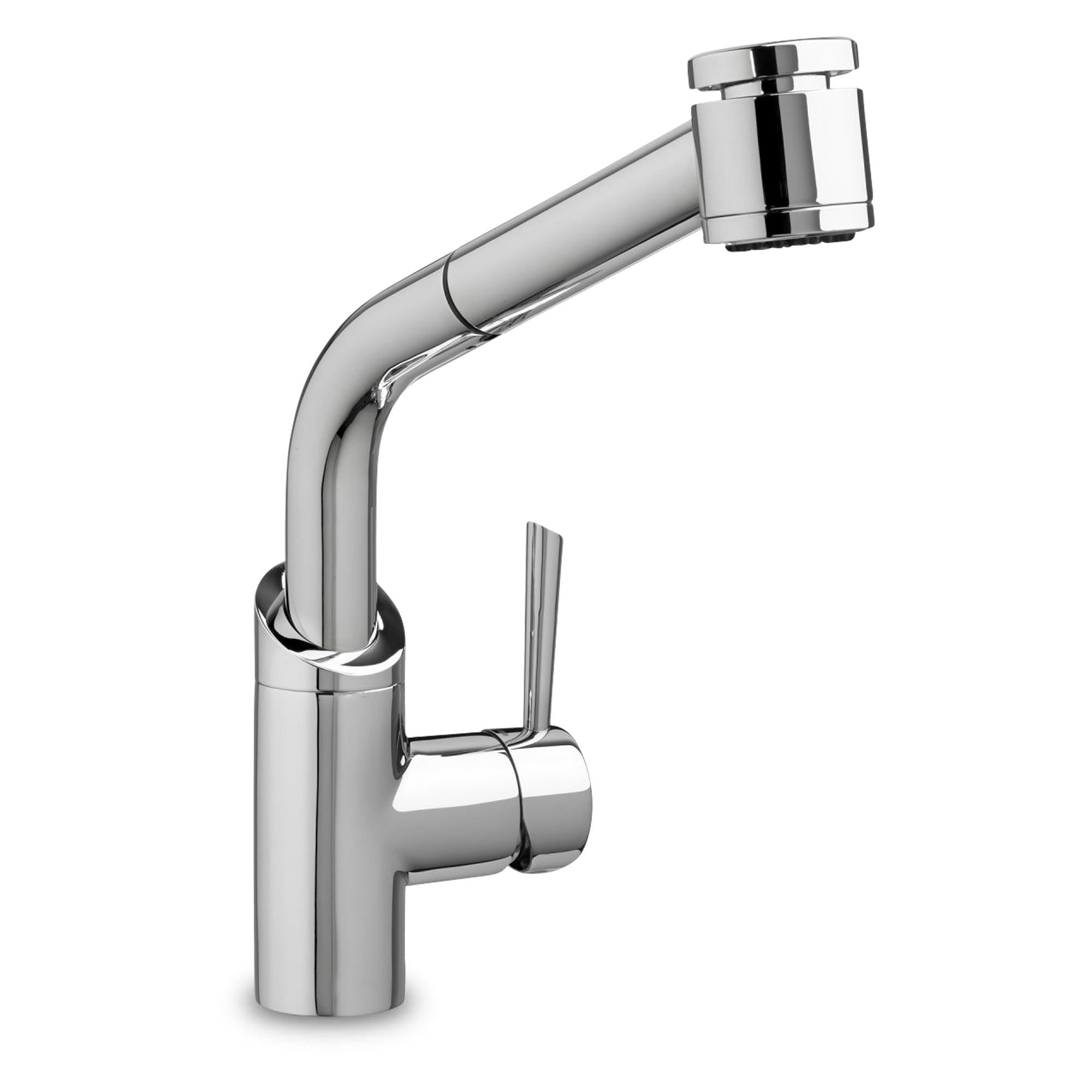 A sleek and modern, two-function, pull-out kitchen faucet in polished chrome.