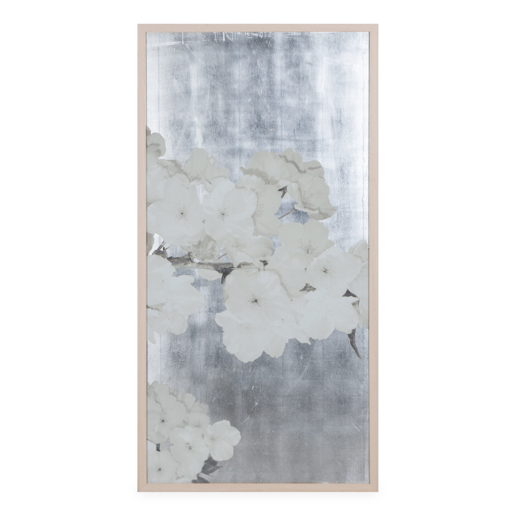 This floral art piece features elegant cherry blossoms that are painted in contrast to a bold hand-applied silver leaf background, bringing in an element of nature into your space.