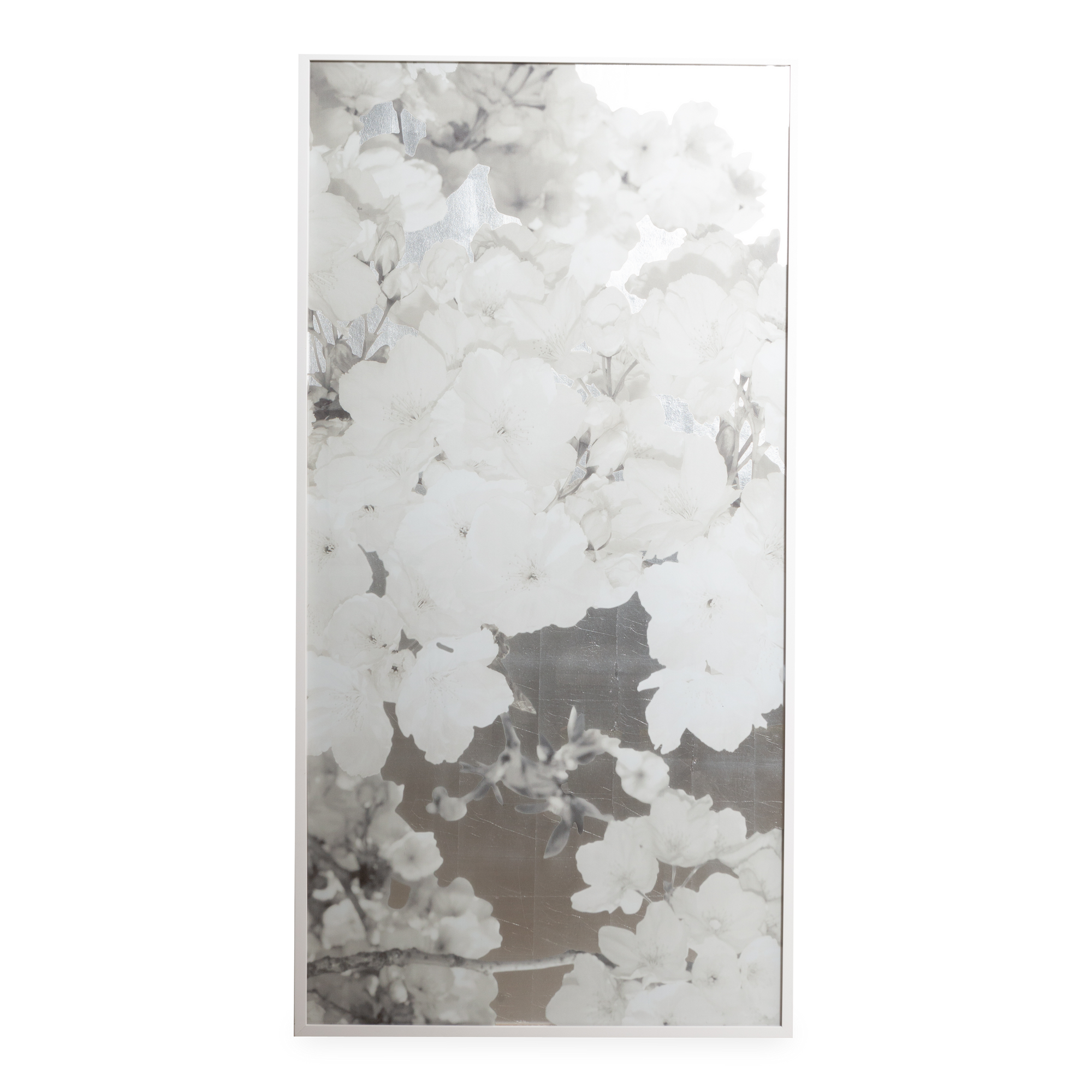 This floral art piece features elegant cherry blossoms that are painted in contrast to a bold hand applied silver leaf background, bringing in an element of nature into your space.