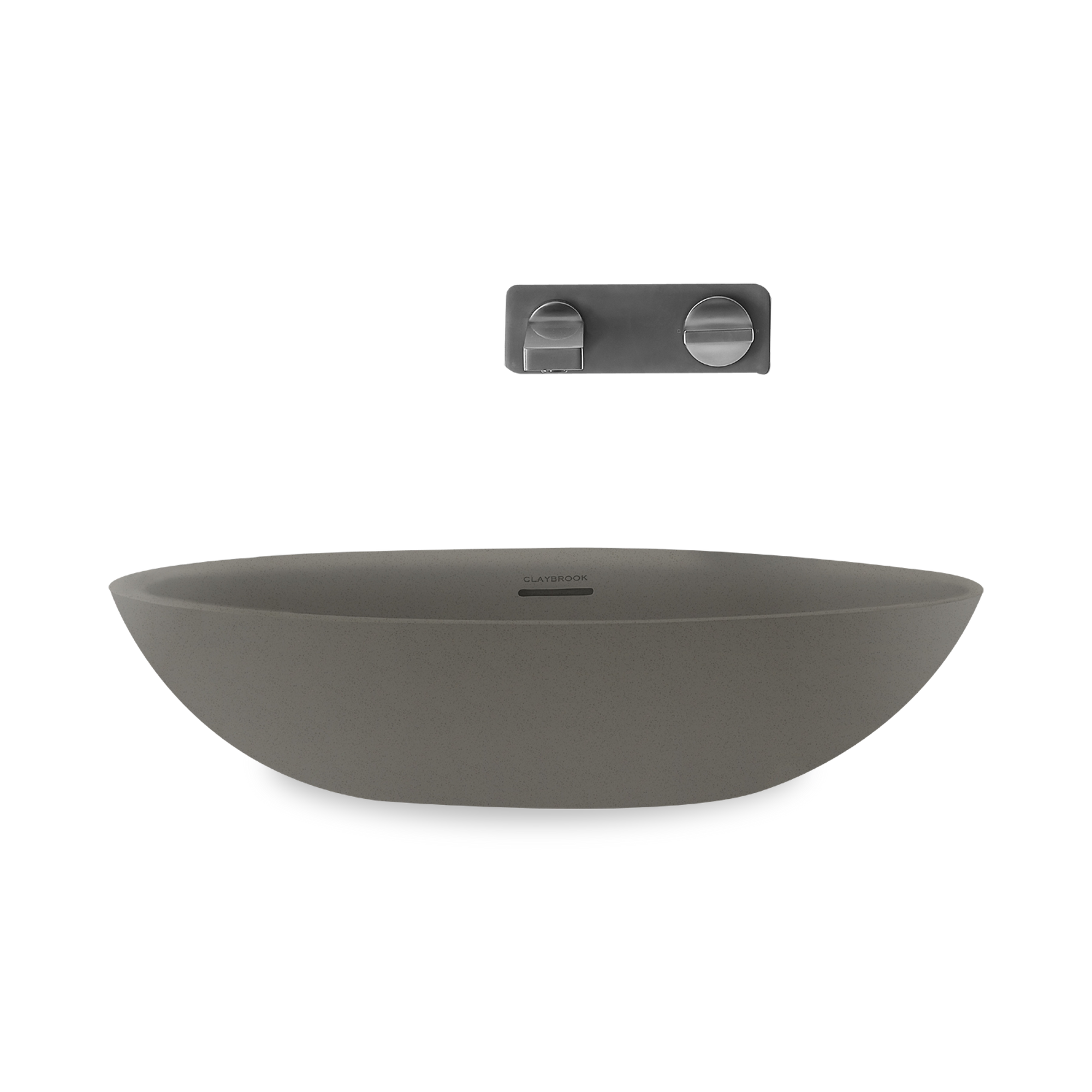 Freestanding basin with tapered rim and integrated linear overflow.