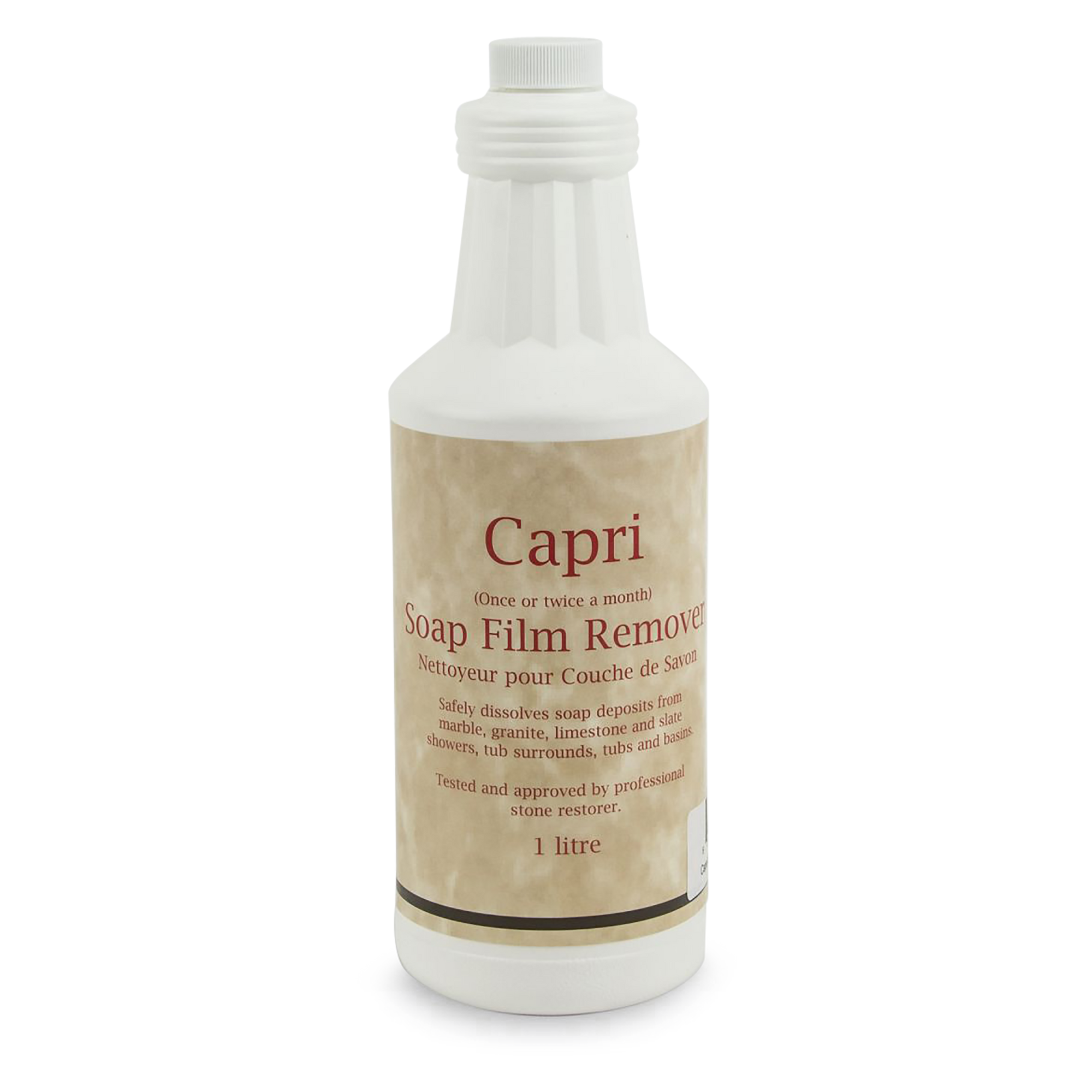 Capri Soap Film Remover safely removes soap deposits from marble, granite, limestone and slate showers, tub surrounds, tubs and basins.