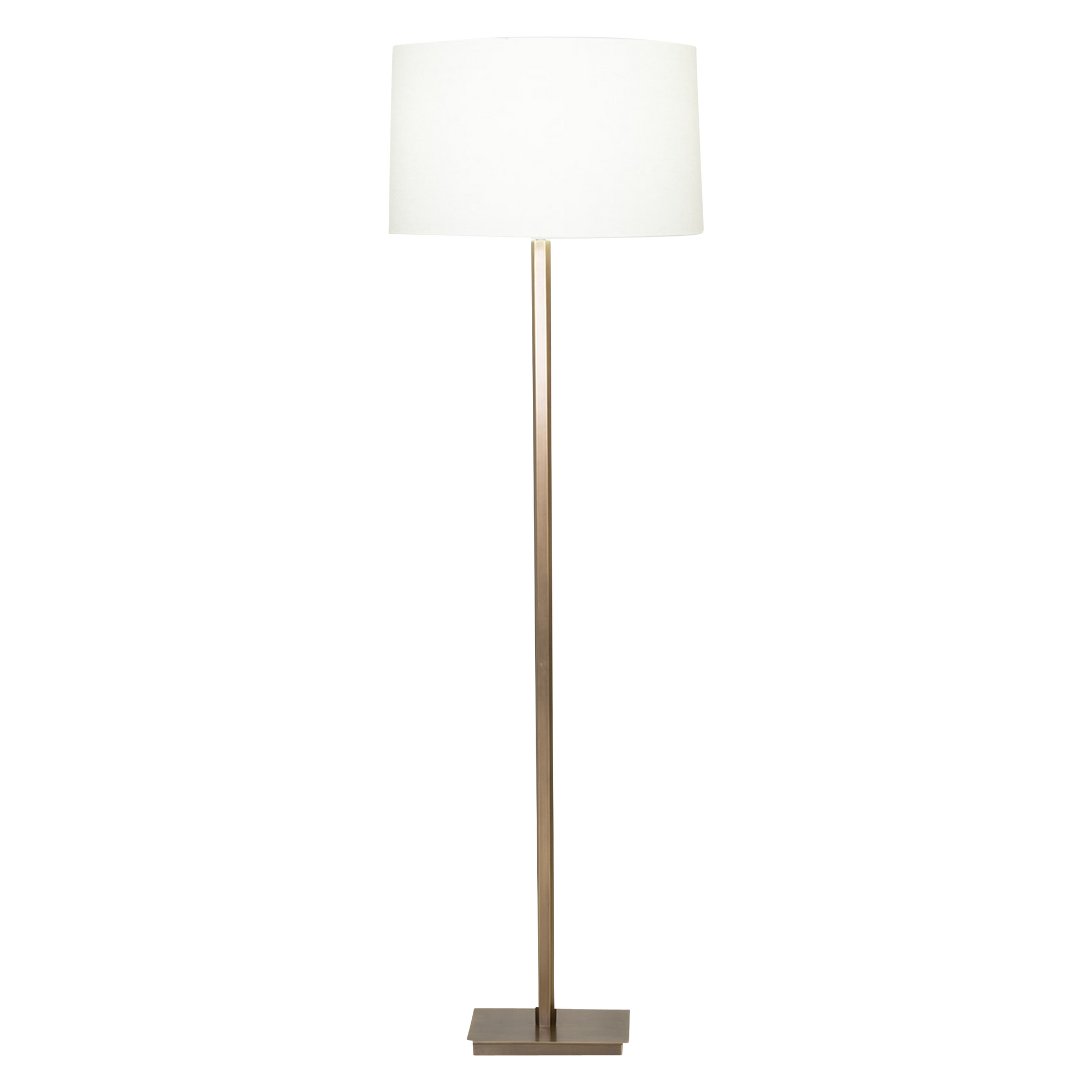 A sleek floor lamp that features an aged brass finish and a contrasting natural paper lamp shade.