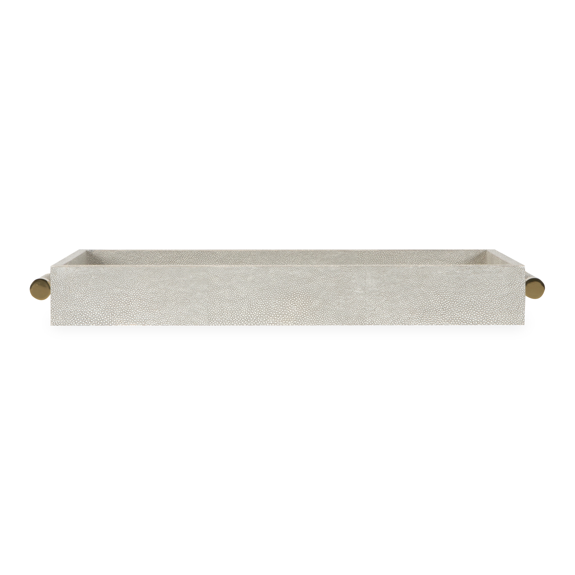 This serving tray features a delicately embossed shagreen pattern, while its brass handles add a luxurious feel.