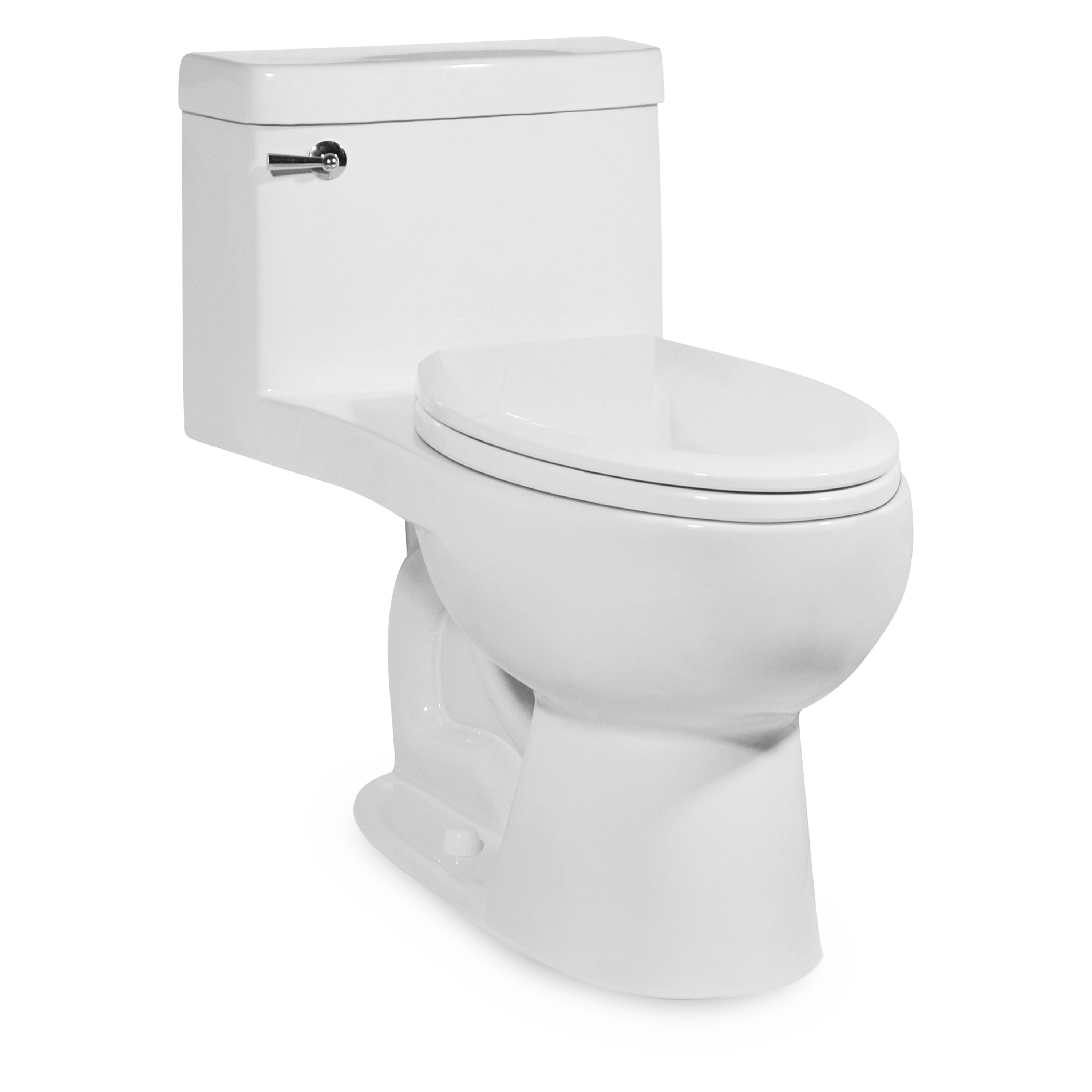 A transitional style one-piece toilet with Slow-Close seat.