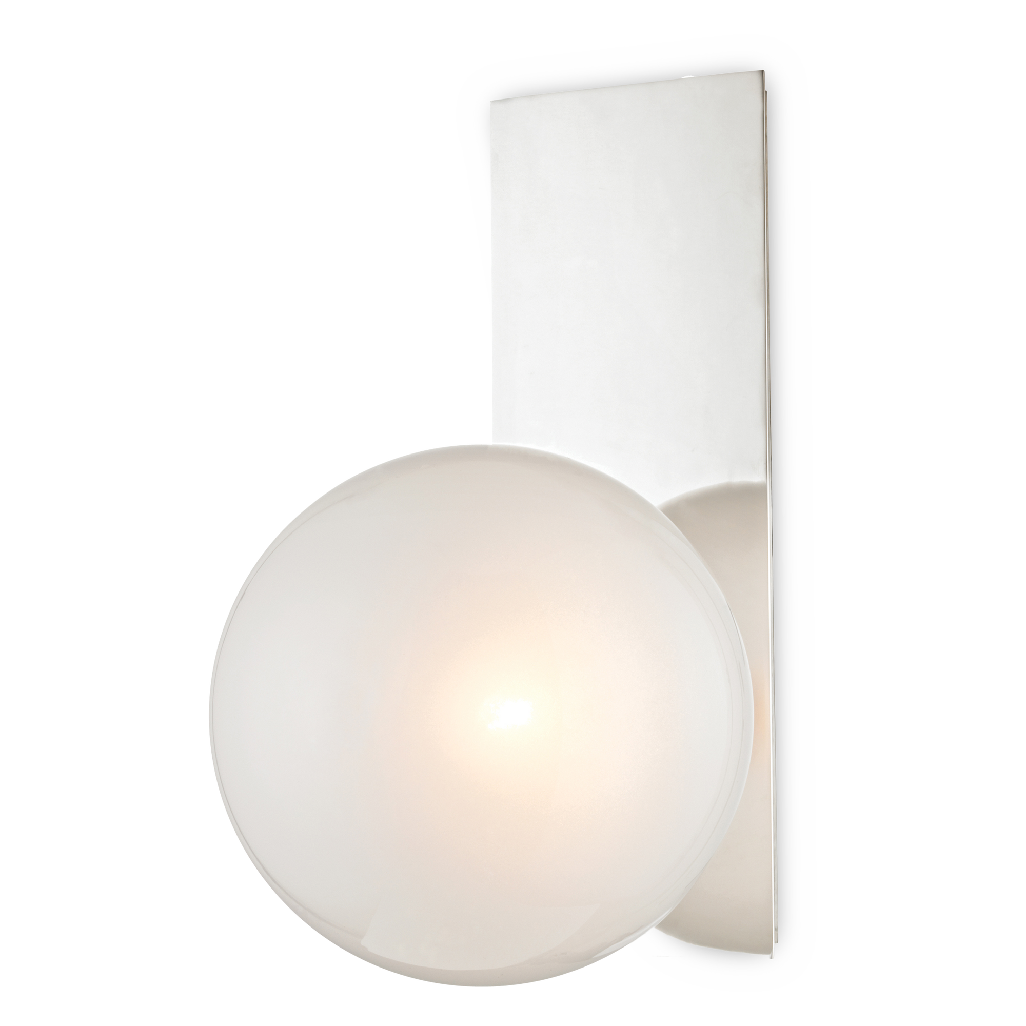 Playful and minimal, this light features a single orb floating on a rectangular polished nickel beam, as if some unseen magnetism were at work.