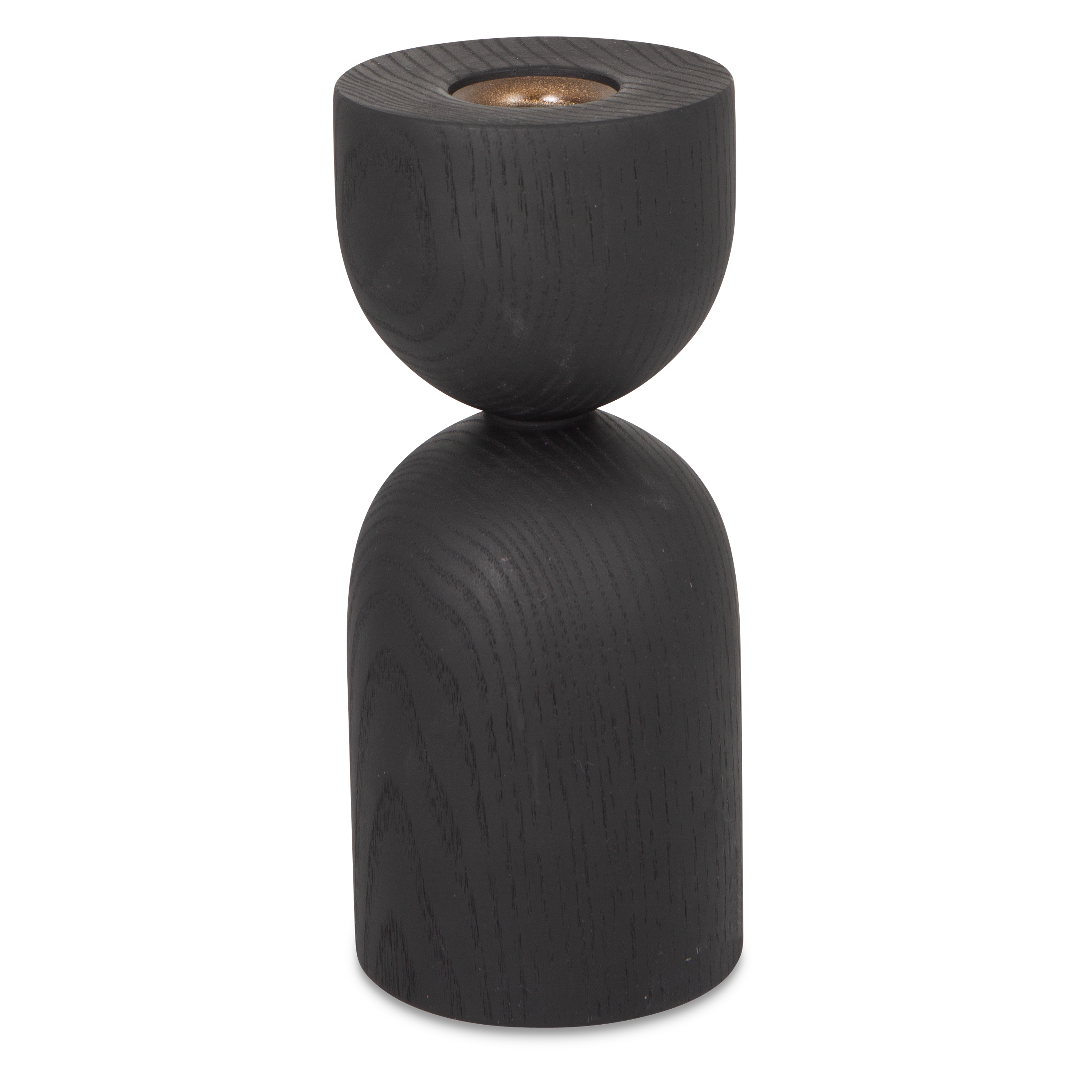 Turned from solid ebonized ash wood, the Hourglass Taper Candleholder feature distinct and eye-catching forms.