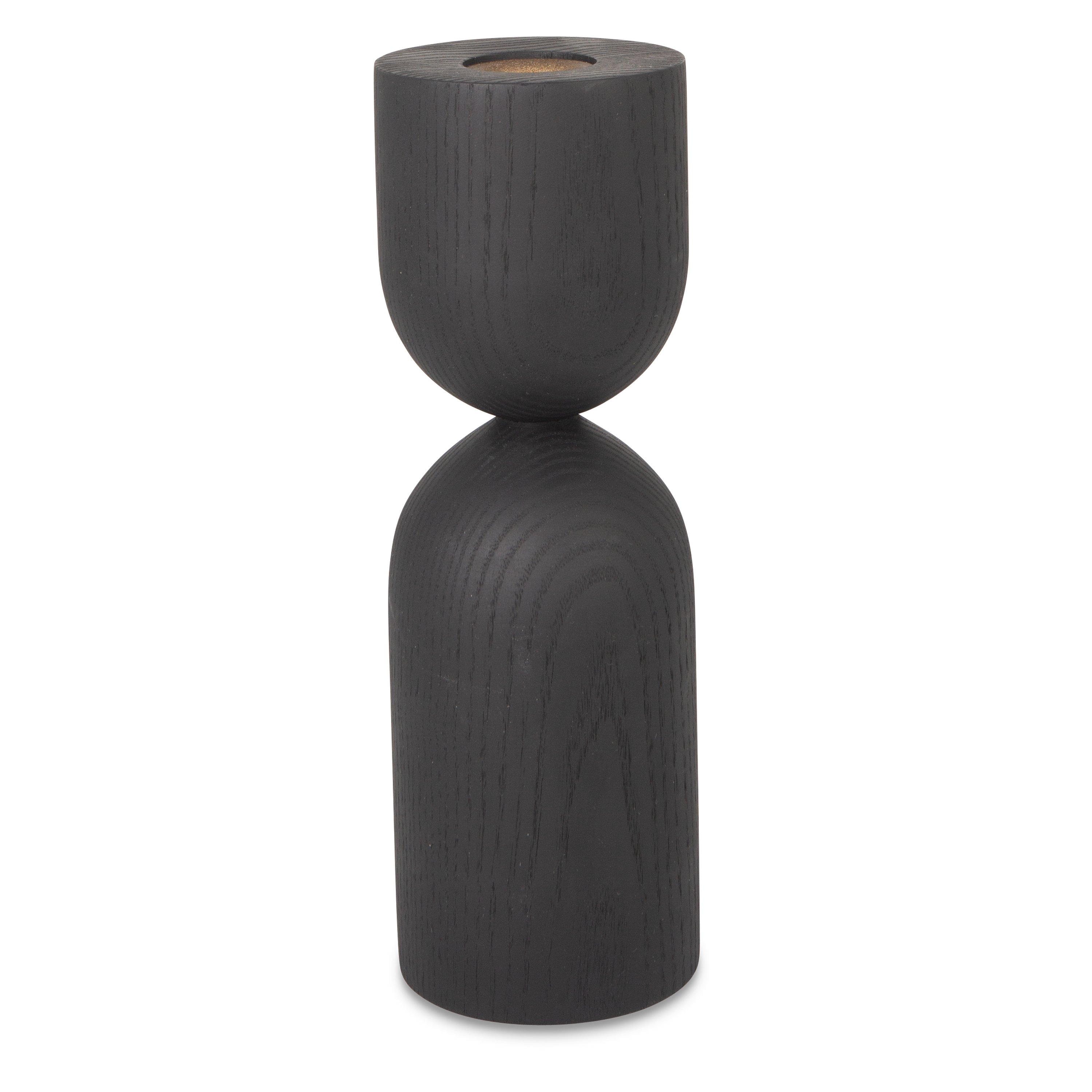 Turned from solid ebonized ash wood, the Hourglass Taper Candleholder feature distinct and eye-catching forms.