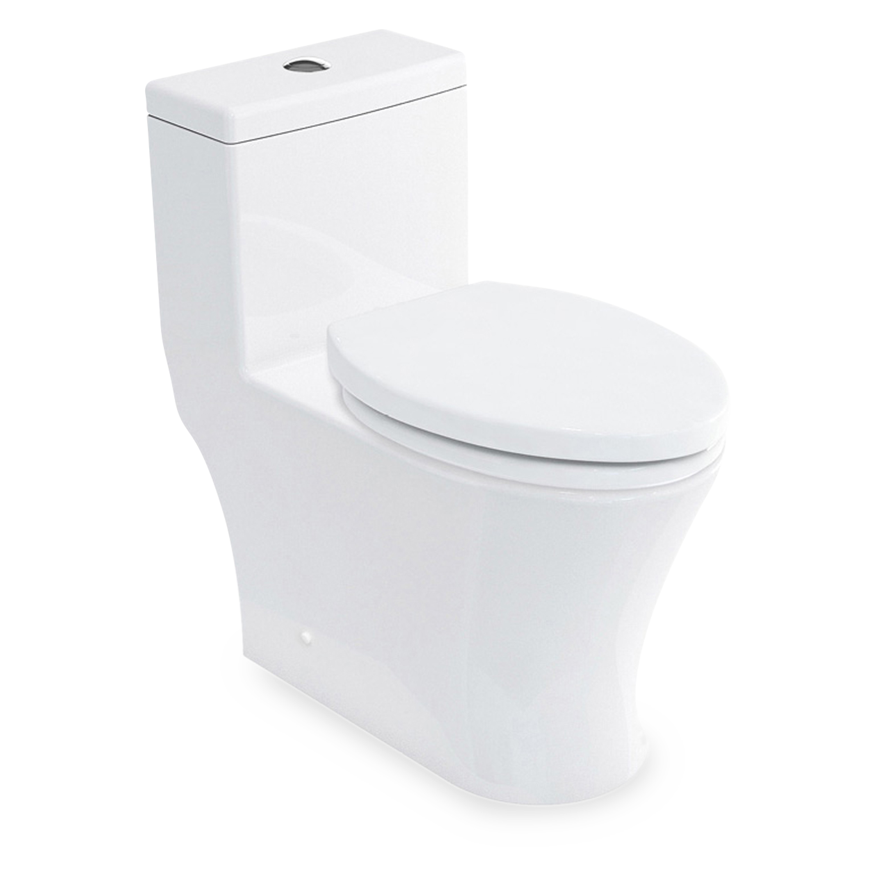 The M Pro One-Piece Toilet includes a 12" Rough - in, Polished Chrome finish actuation control, and a US-SEAT3 soft close, quick release elongated seat.