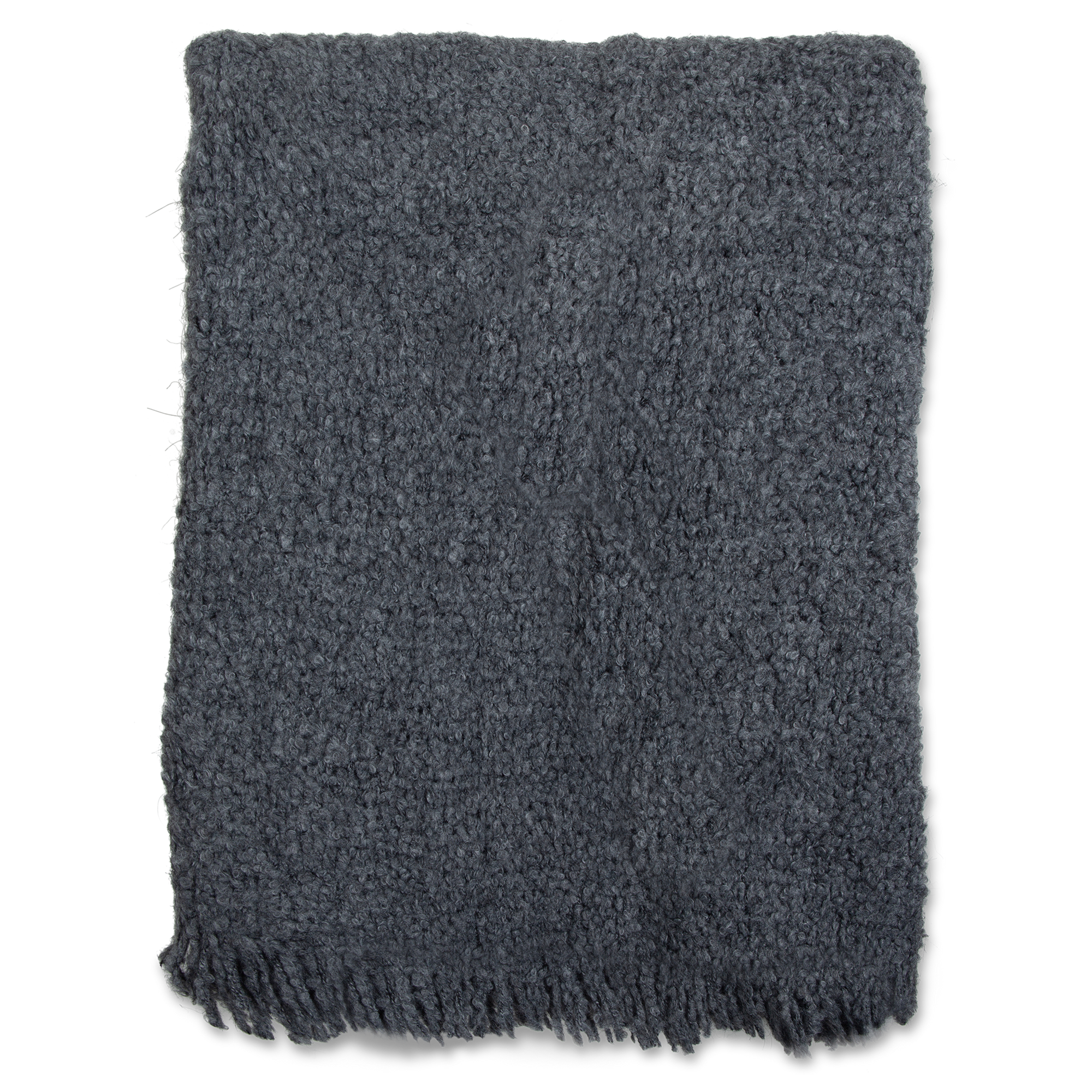 The textural Fringe Throw in grey is loomed in Italy with a mix of alpaca fibres and wool.