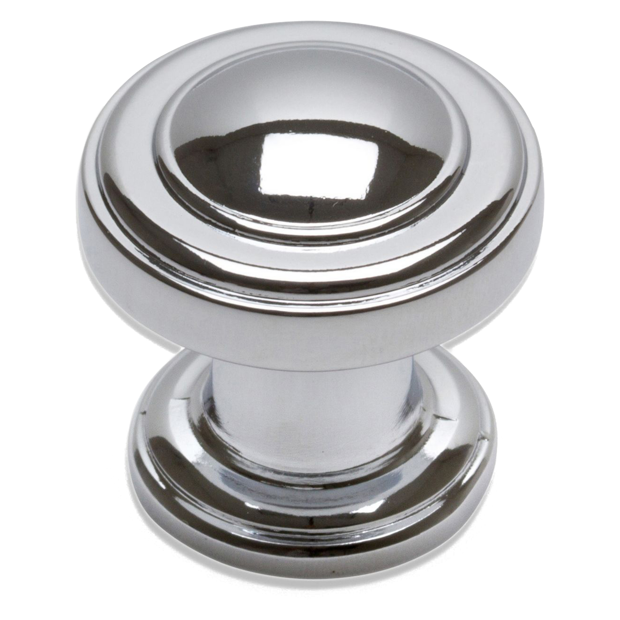A contemporary brushed nickel knob with raised ring detailing.