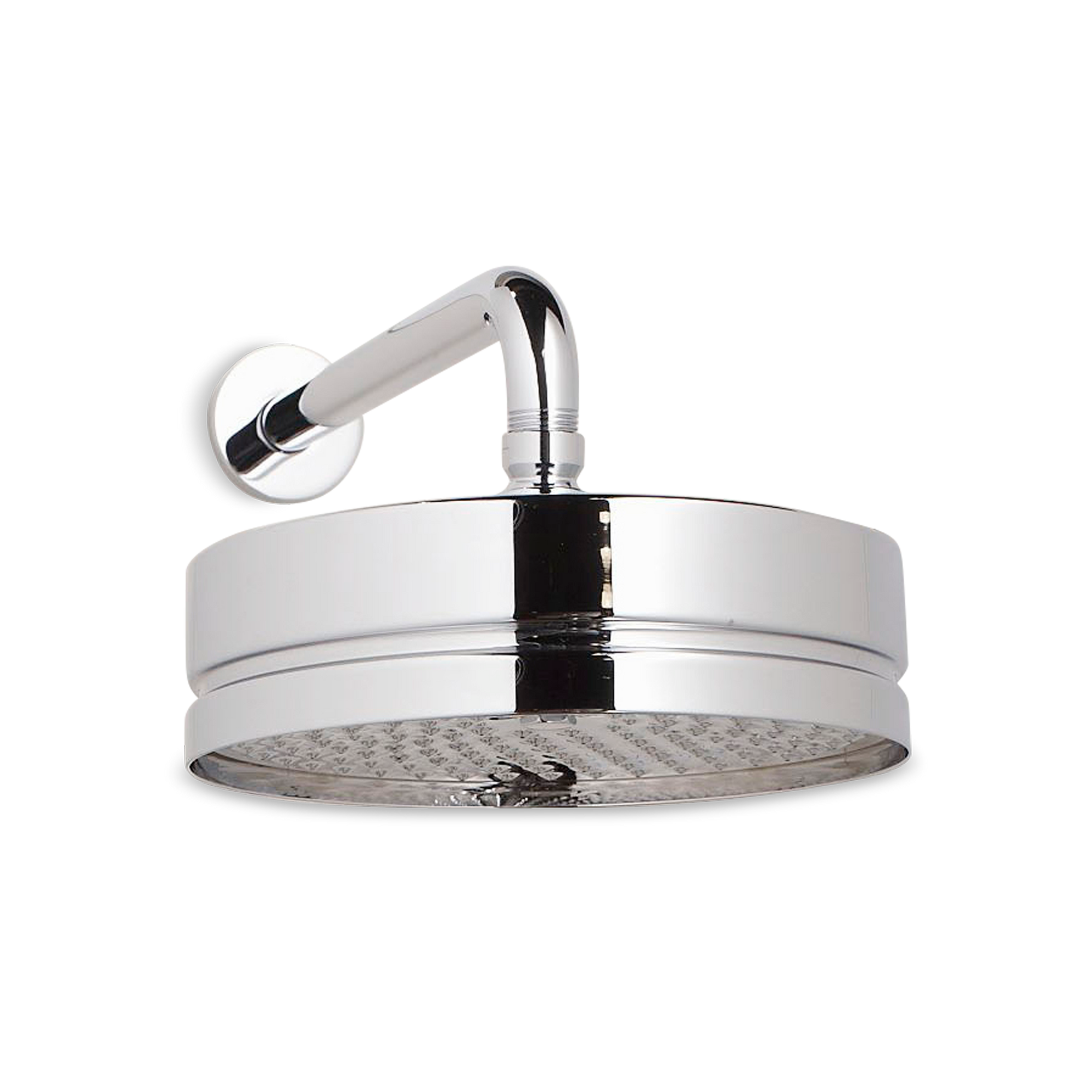 A contemporary rain shower head with ridge detailing and swivel ball.
