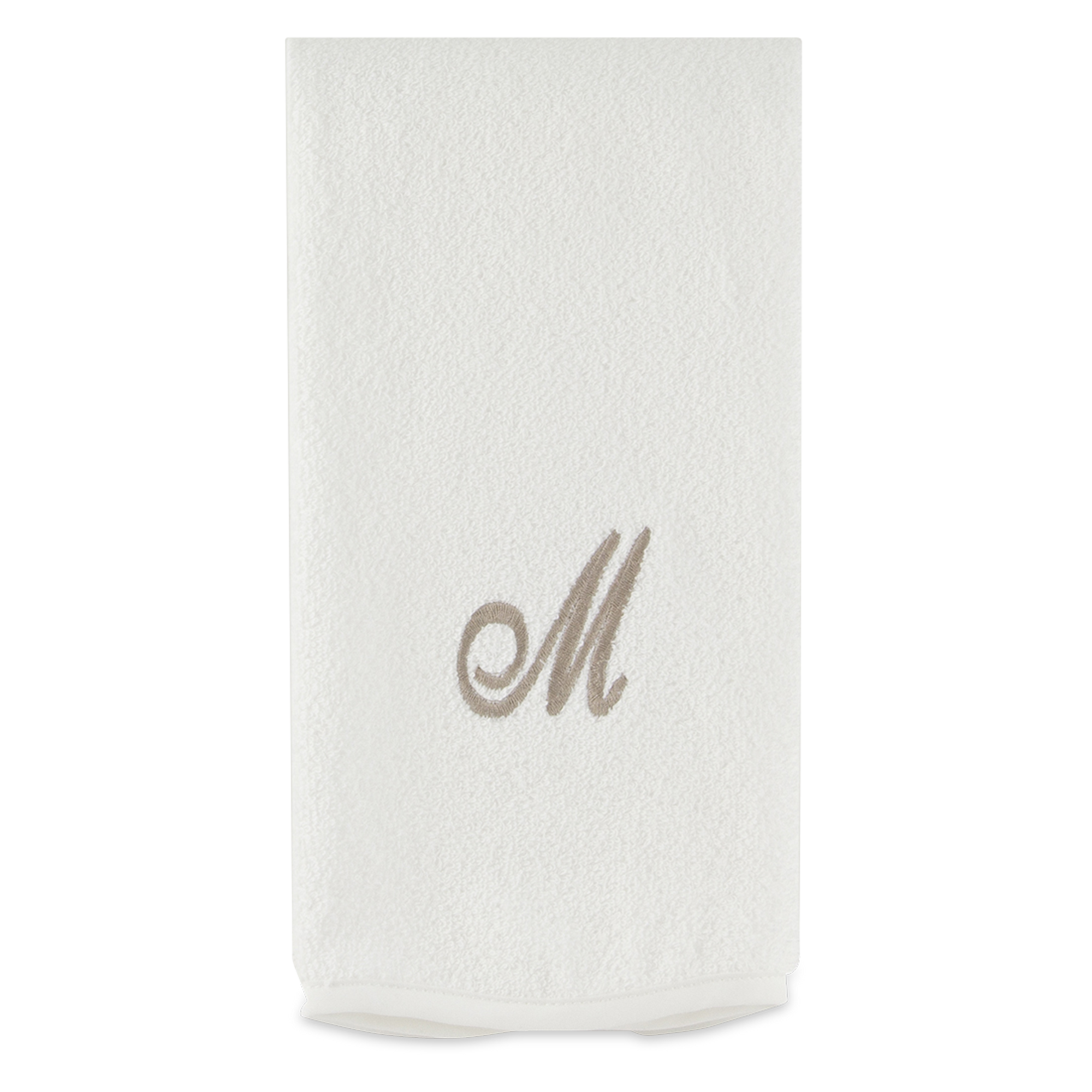 Monogrammed guest towel made of 100% white cotton with pewter/grey embroidered monogram.