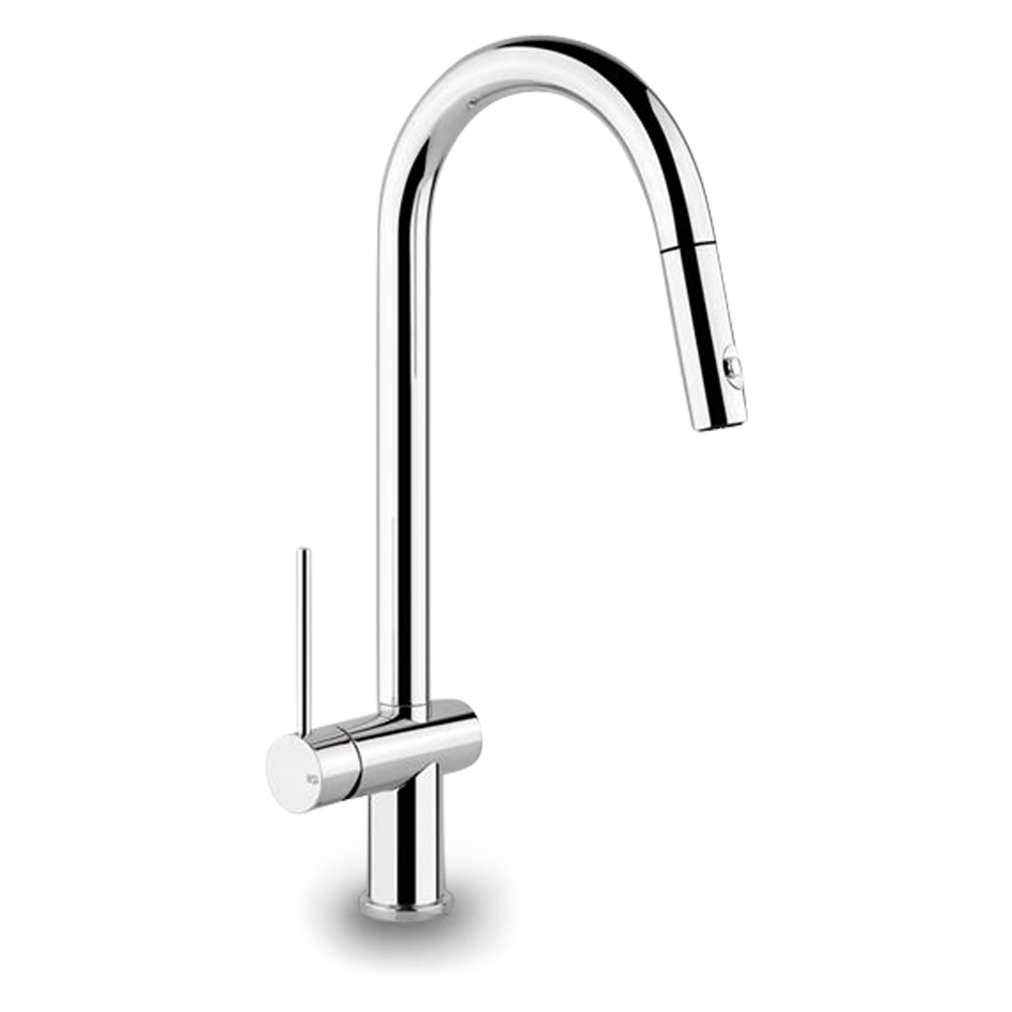 The Oxygene pull-down sink faucet adds a modern touch to any kitchen with its seamless lines and arched cylindrical shape.