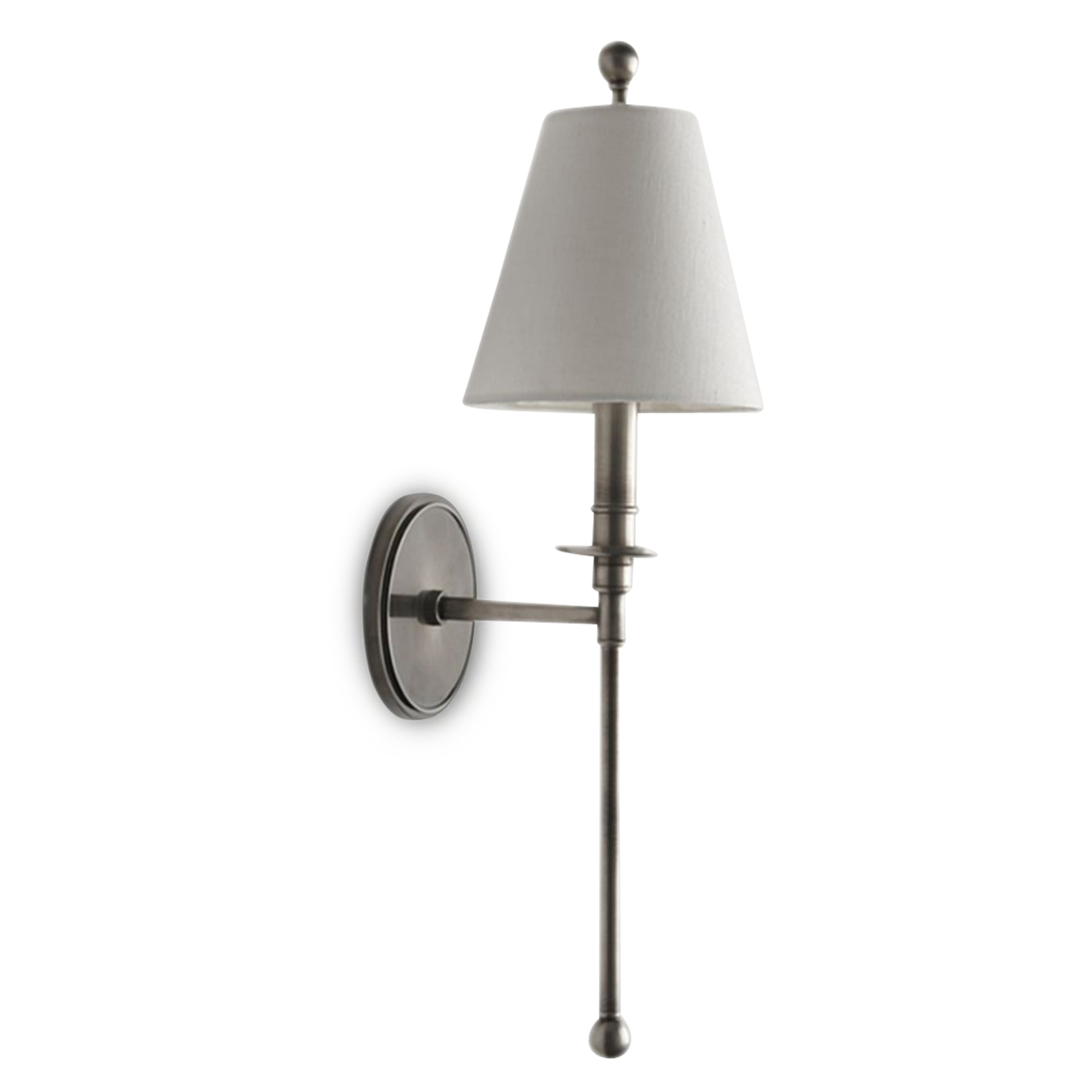 A modern sconce with a fabric shade and a long downward extension.