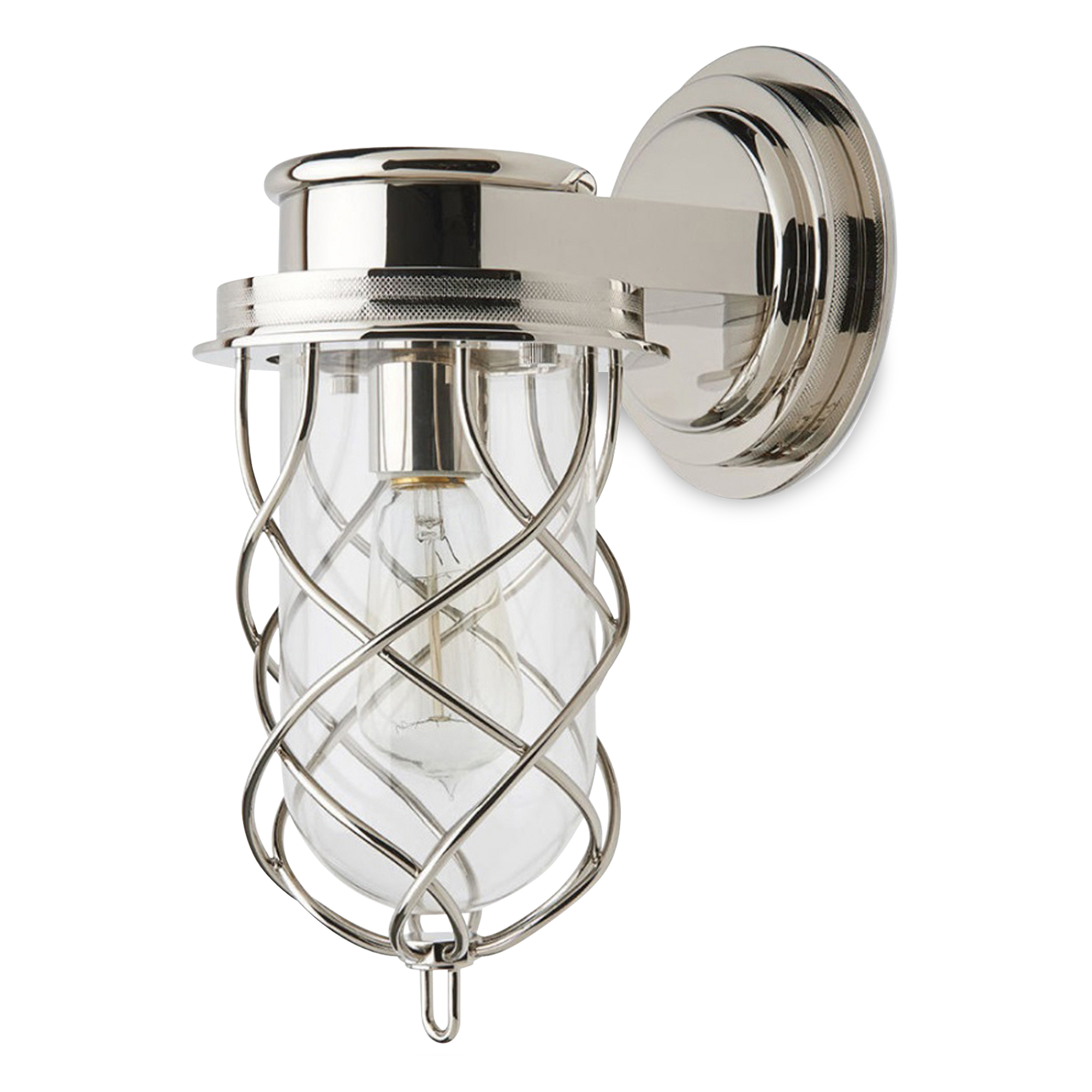 Sturdy, rugged and yet refined, the Compass sconce features a clear glass bell shade enclosed in a woven brass cage that is held by knurled rings.