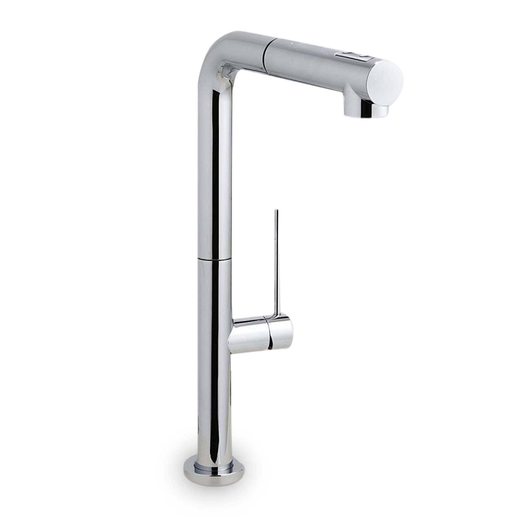 The Brennan faucet is a sleek, modern, featuring a cylindrical bent shape and a pull-out shower double jet.