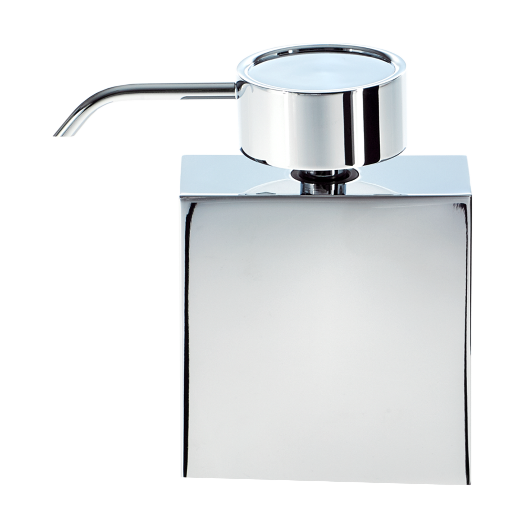 A modern and stylish cubic soap dispenser featured in an elegant chrome finish.