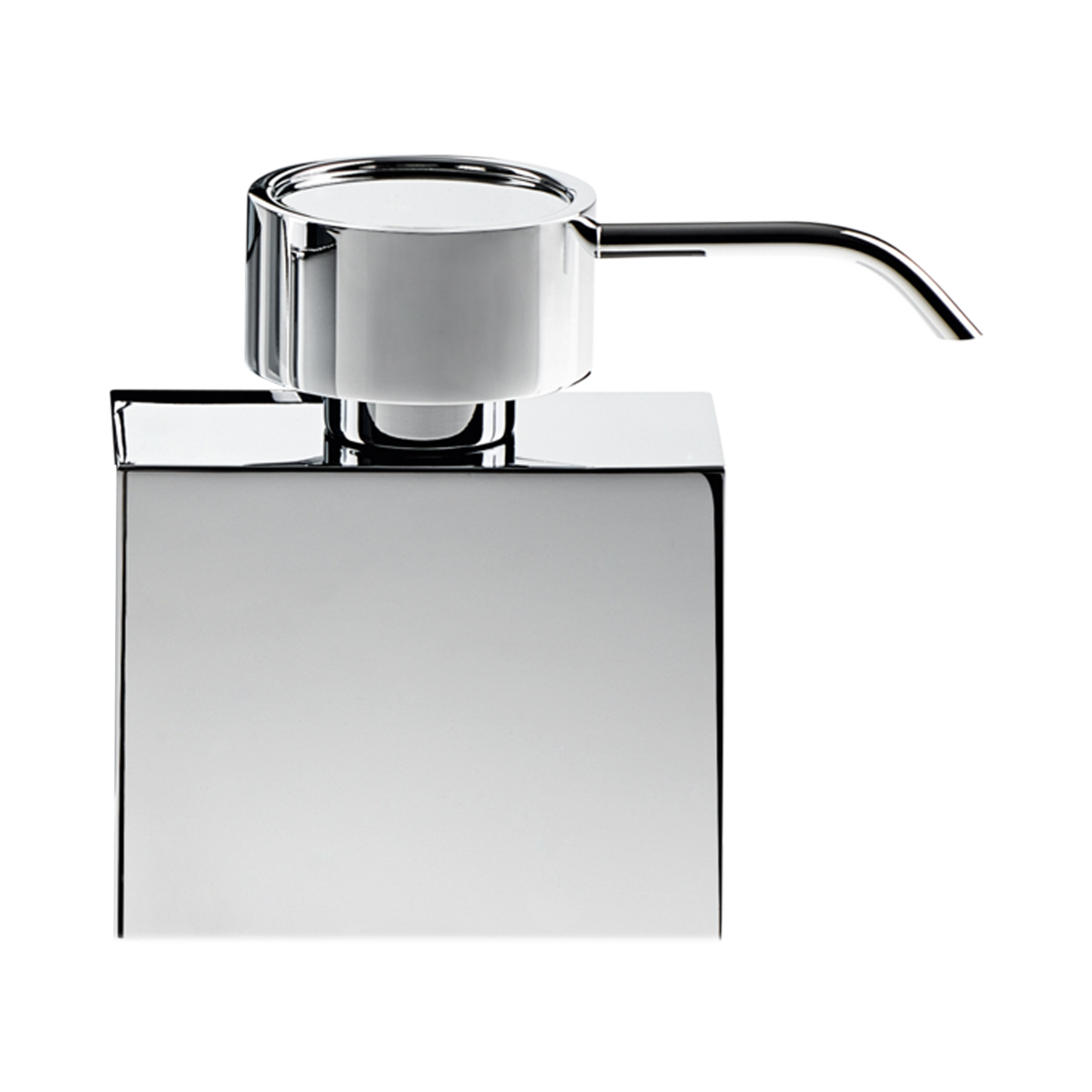 A modern and stylish cubic soap dispenser featured in an elegant chrome finish.