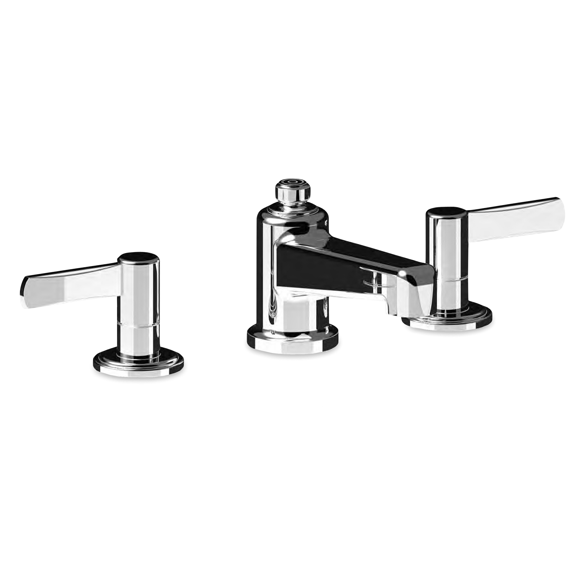 The Harrow widespread basin faucet with two lever handles has an industrial feel and modern esthetic inspired by the streamlined look of Art Deco.