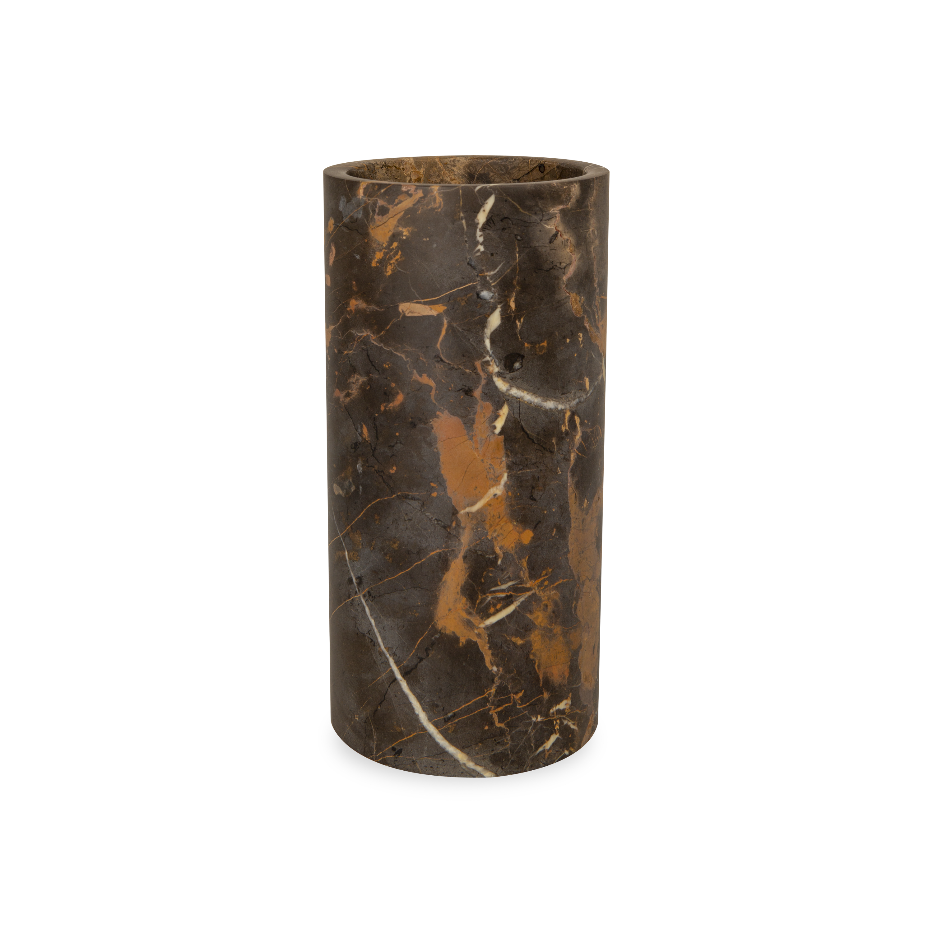 The Honed Marble Vase in black and gold marble vase strikes a moody yet dramatic statement.