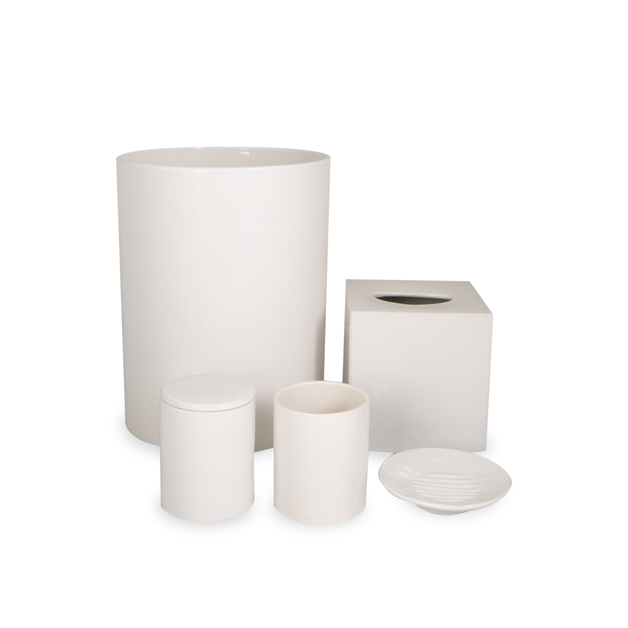 The Burlap Collection features a cylindrical shape made of ceramic with a burlap texture.
