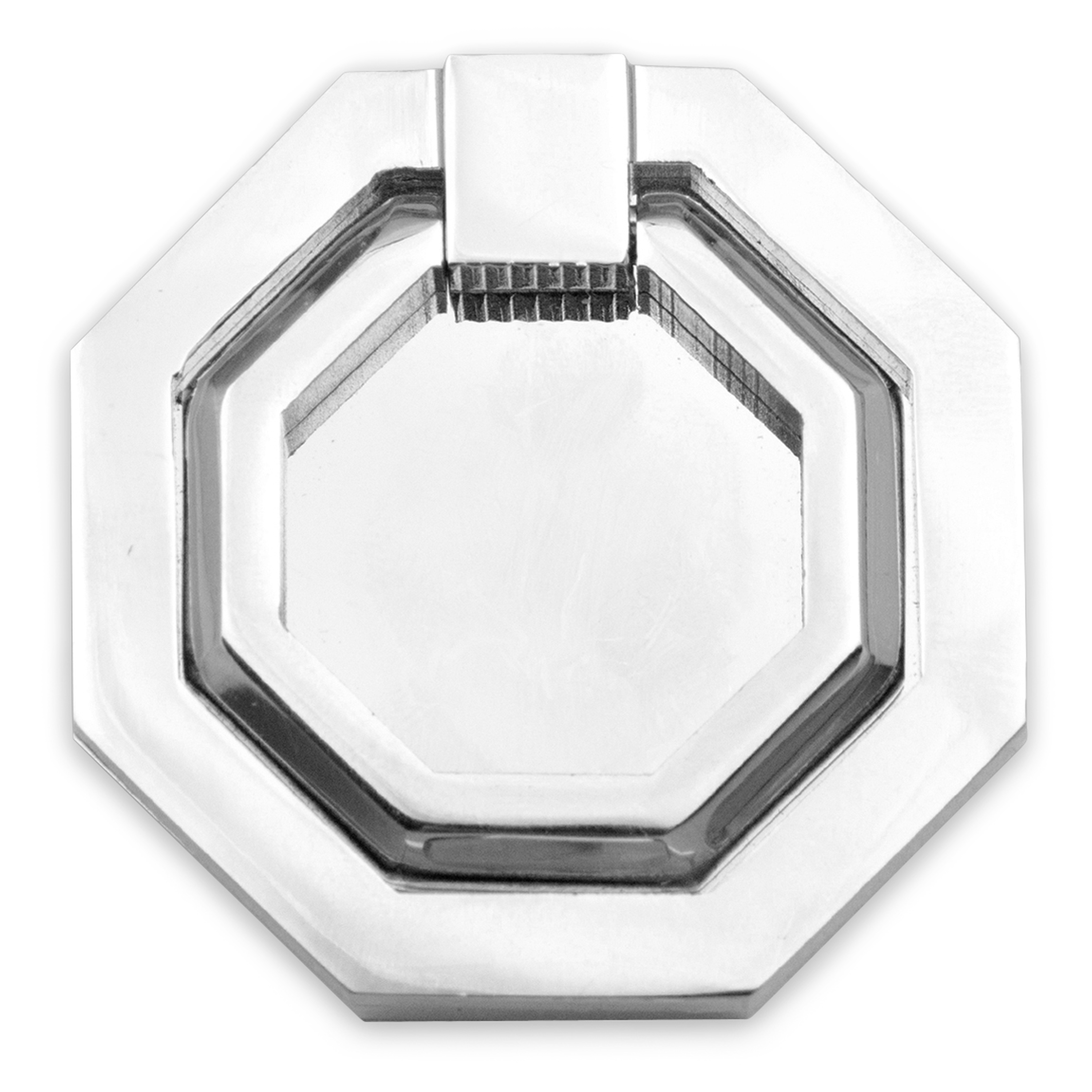 The Facet Ring Pull is an octagonal pull and references the simple details of the streamline modern style and gives a nod to nautical machinery.