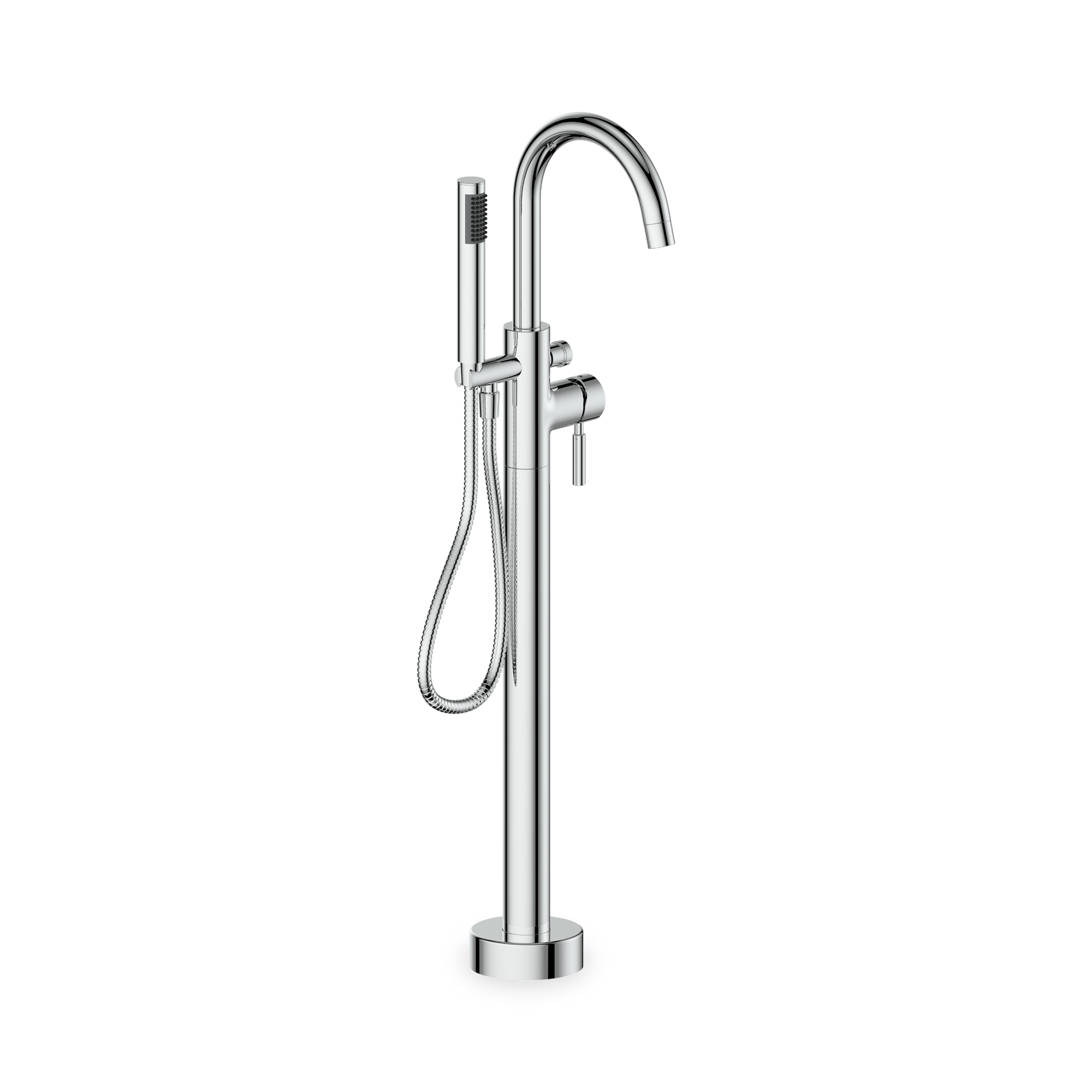 A free standing tub filler featuring a cyindrical contemporary shape.