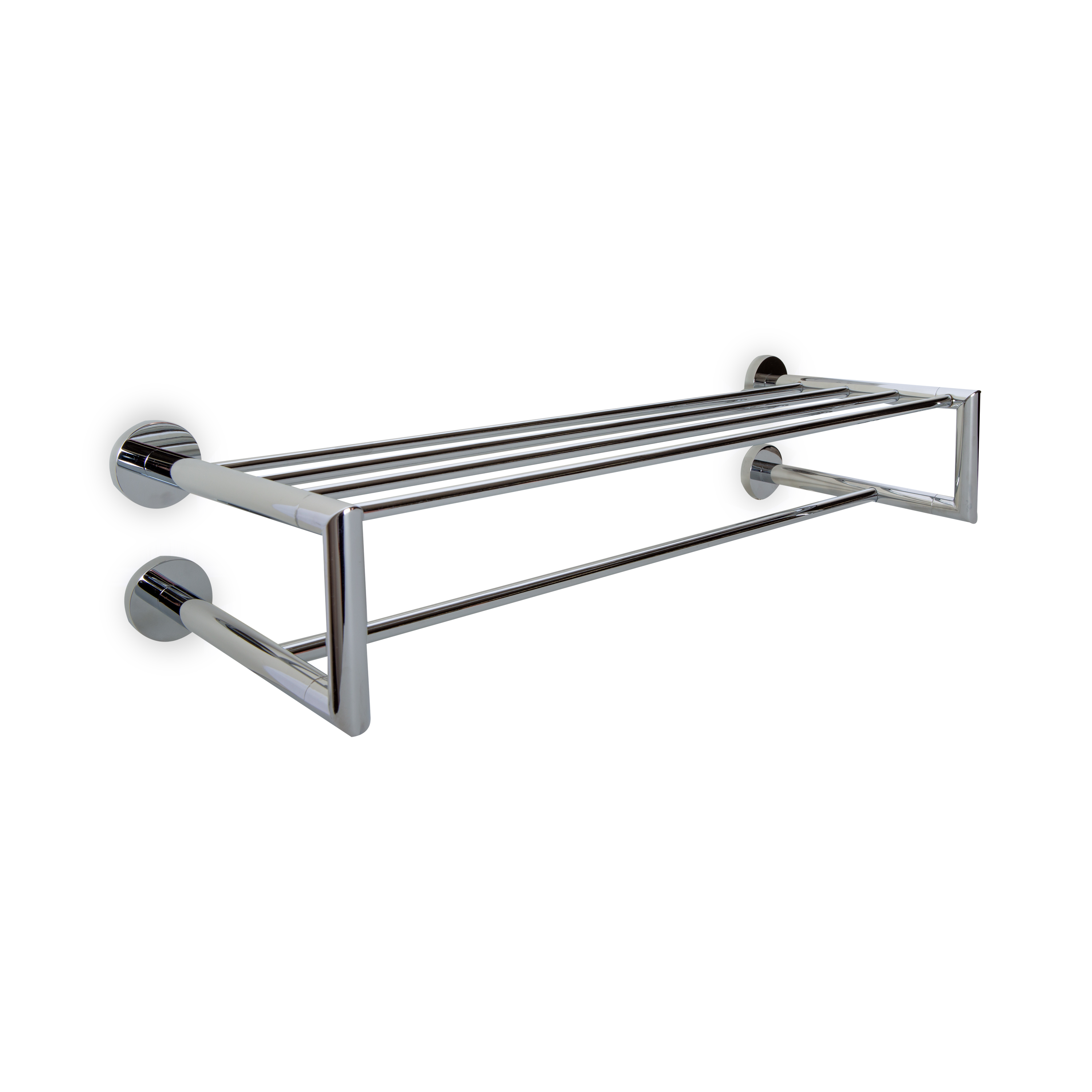 A cylindrical contemporary towel shelf with rail.