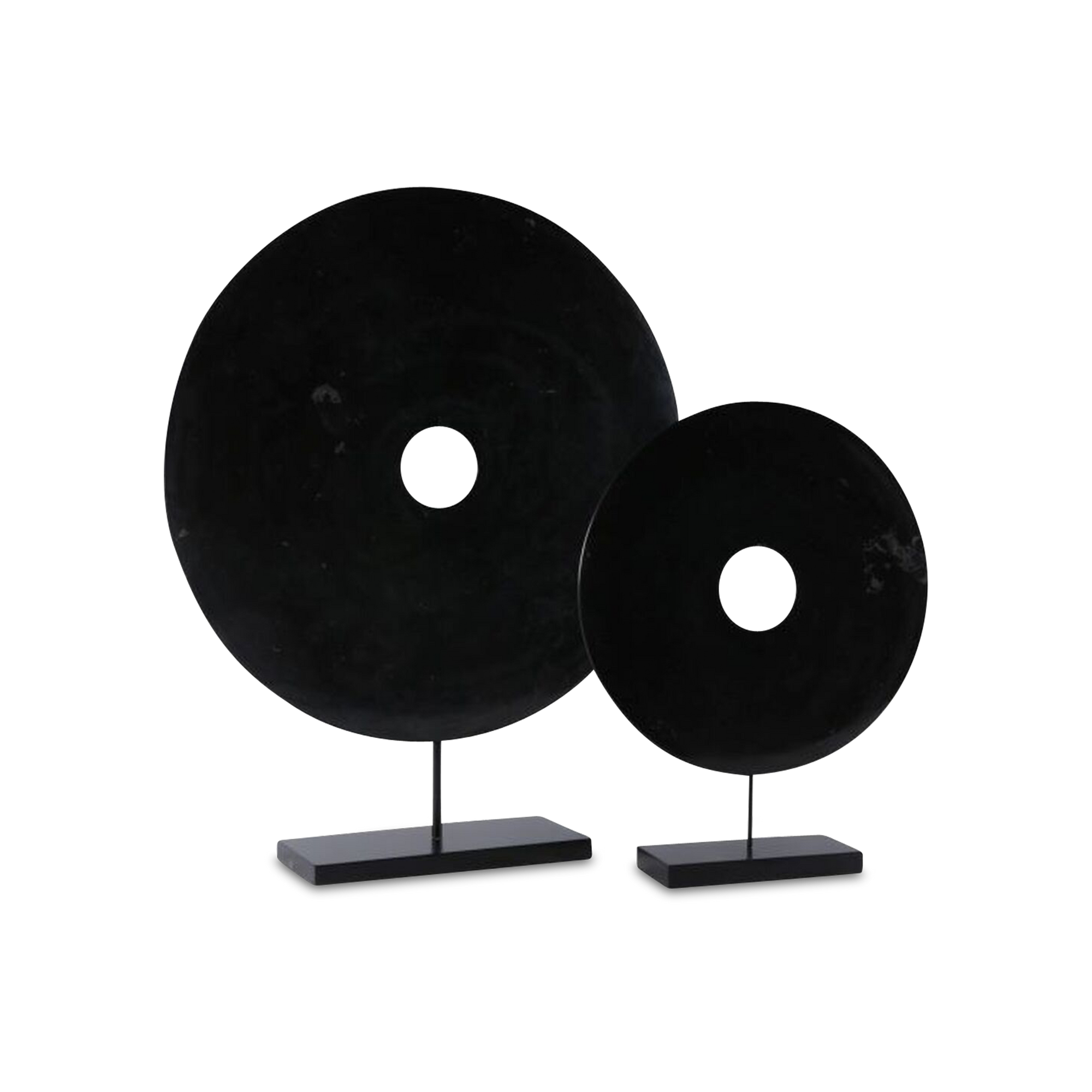 Characterized by its perfectly circular shape and deep black colour, the Marble Disk Statue features a large midnight black jade ring with a low base in Black.