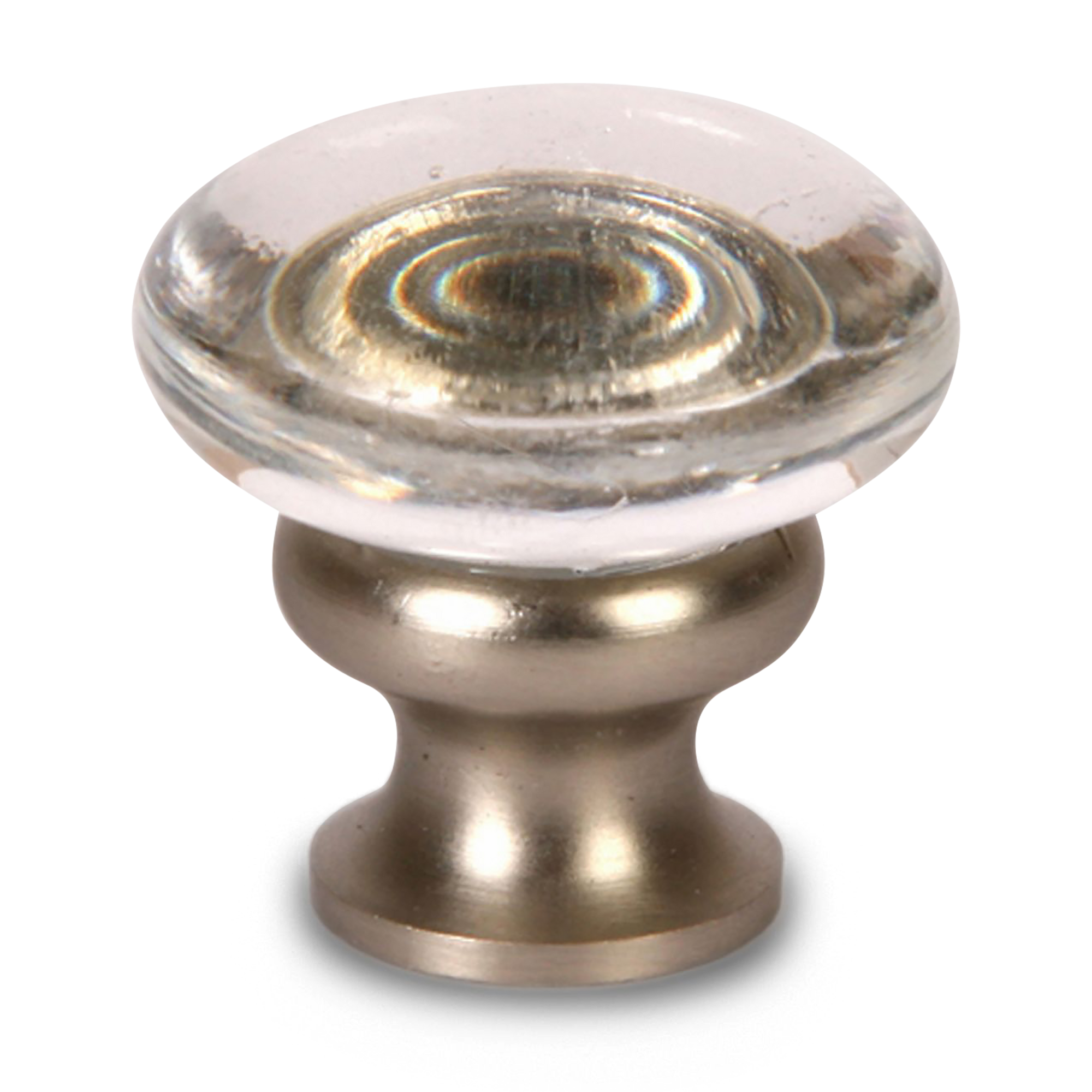 A petite, transitional knob with a clear oval shaped glass piece perched on an oil rubbed bronze base.