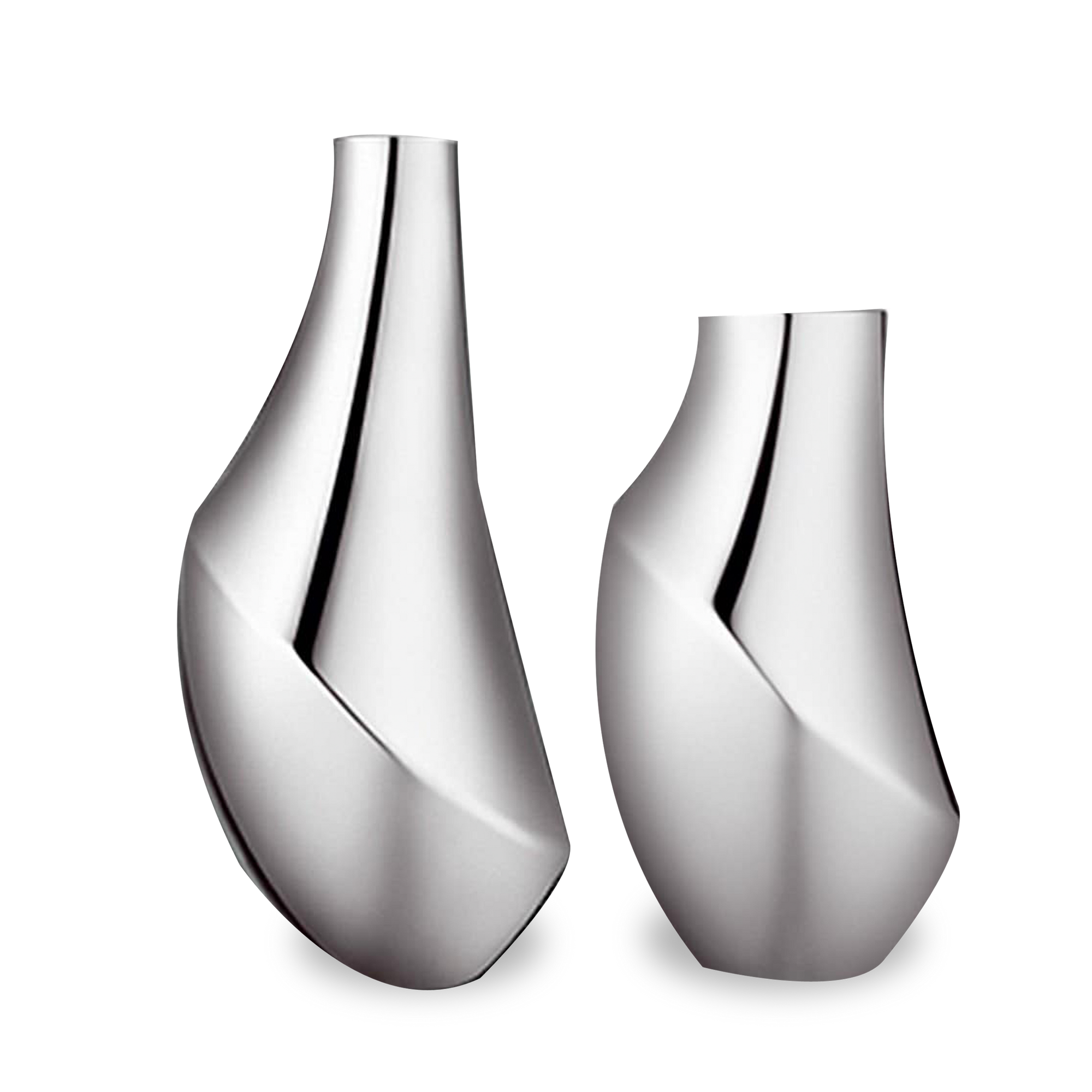 Almost a piece of sculpture in its own right, the unexpectedly asymmetrical shape of this eye-catching stainless steel vase makes it a beautiful centrepiece for a table.