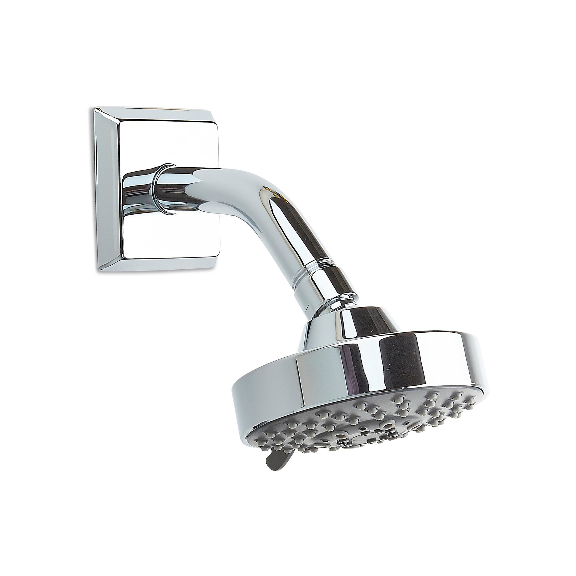 A sleek, transitional shower head with an arm and flange.