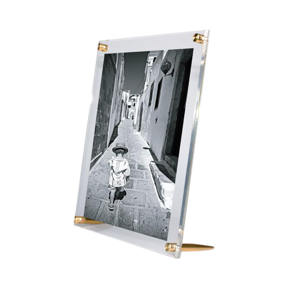 These tabletop acrylic frames give you the same modern look as floating frames without having to install anything into a wall.