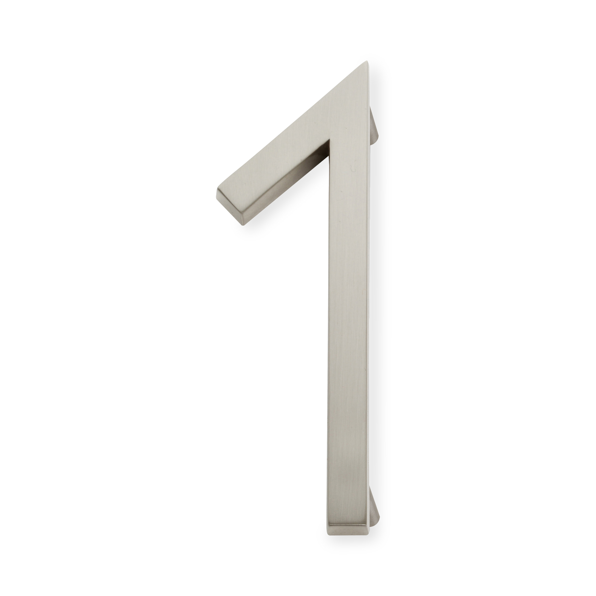 A seamless brushed nickel house number written in a narrow and modern font.