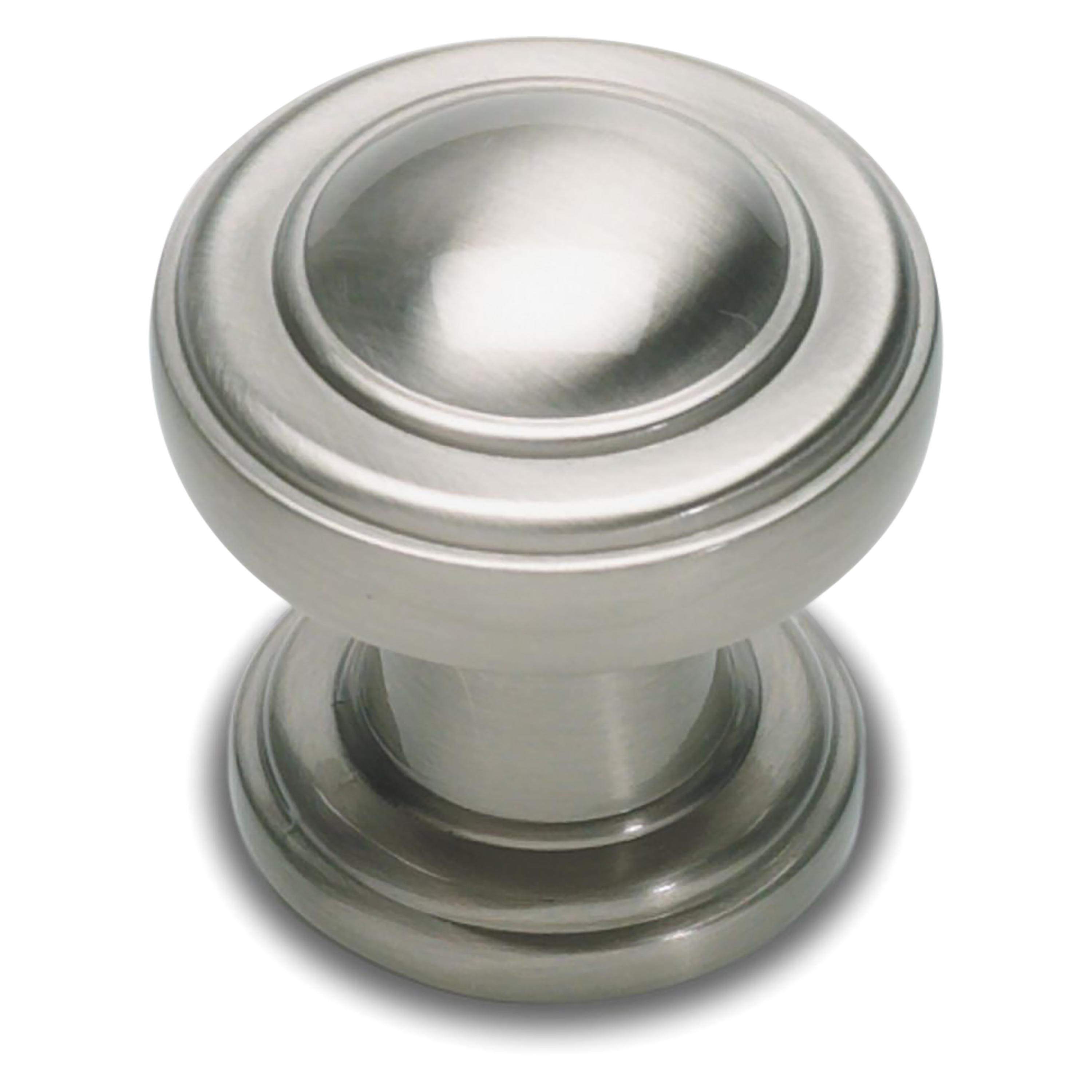 A contemporary brushed nickel knob with raised ring detailing.