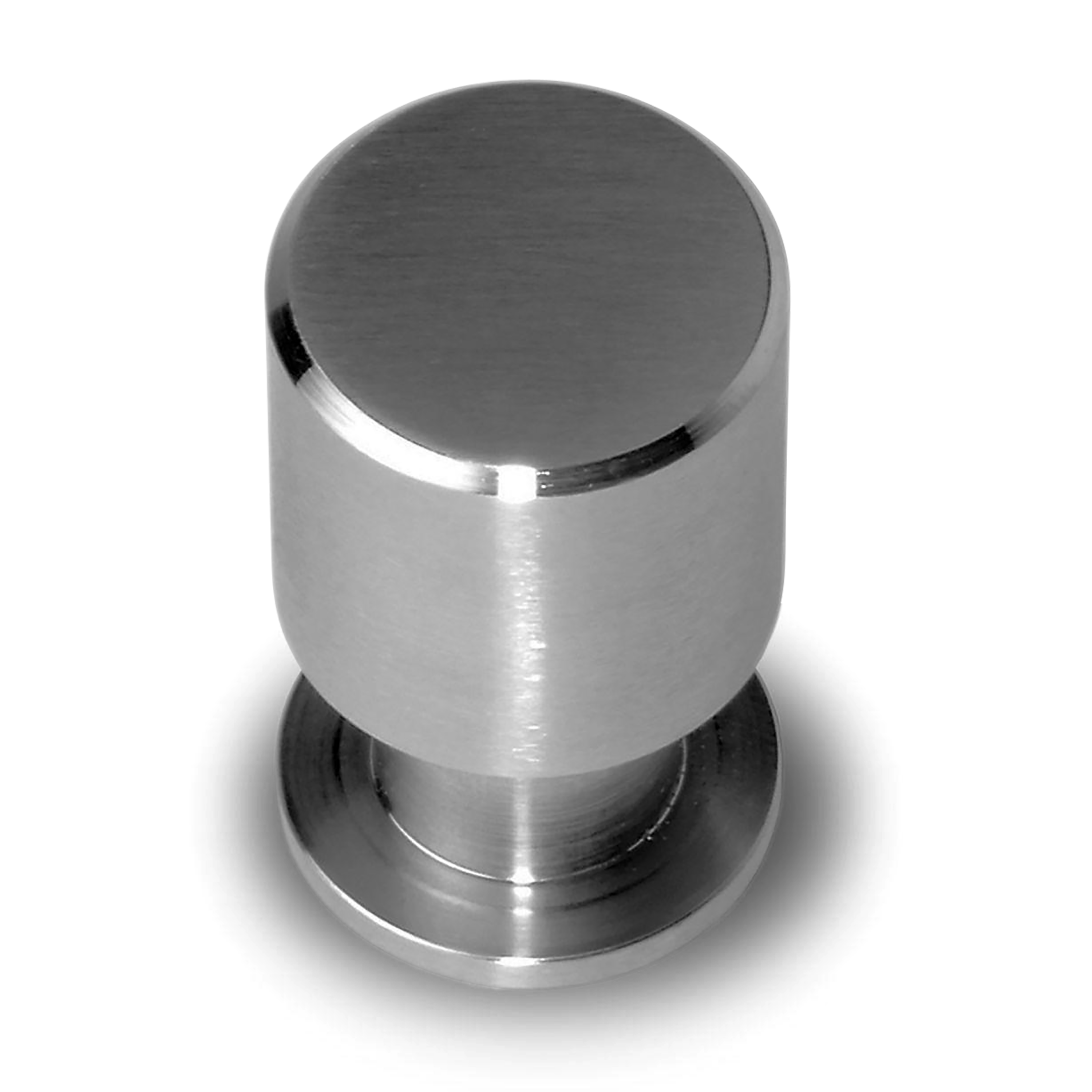 A modern cylindrical stainless steel knob with beveled edges.